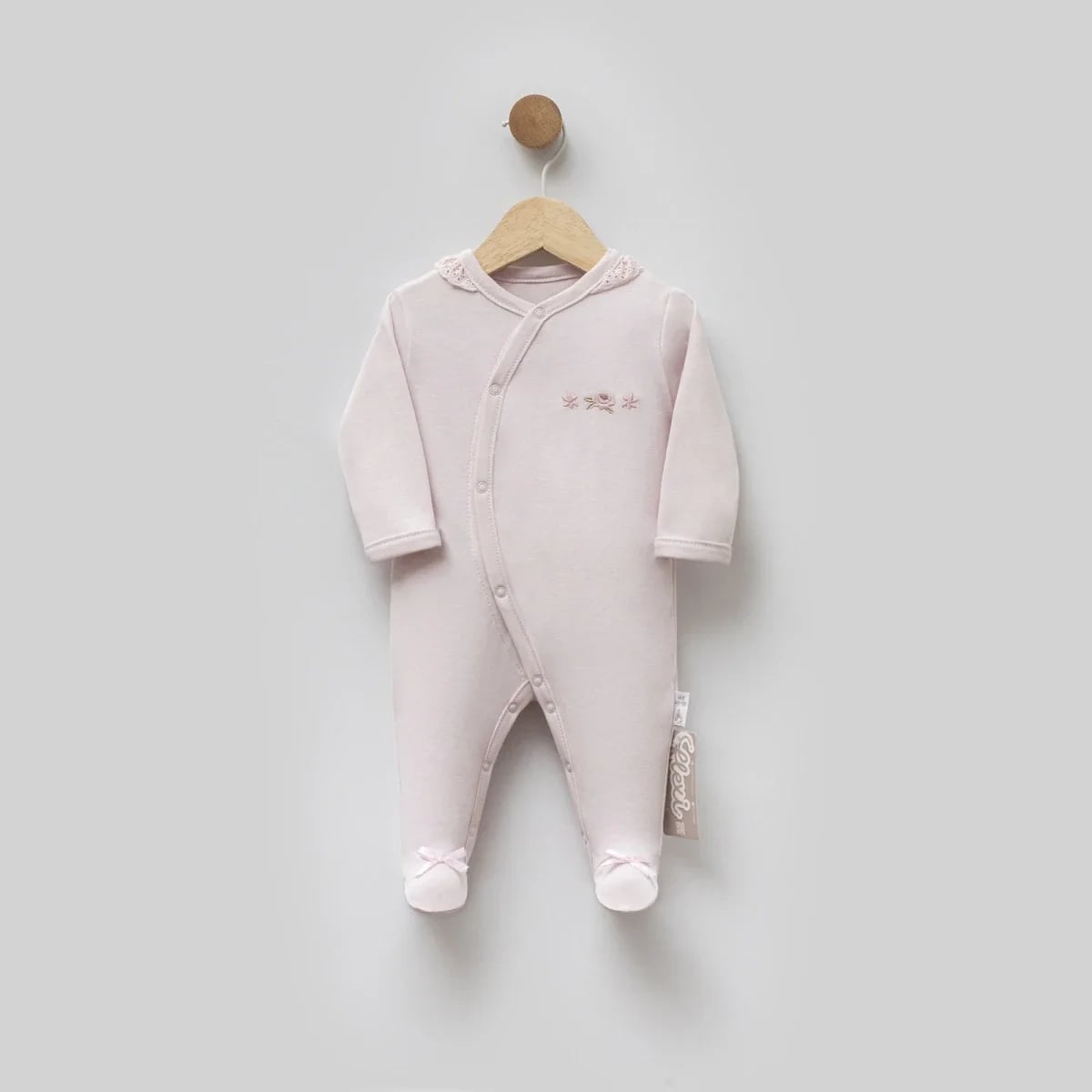 Baby Footed Romper with Lace Collar and Floral Embroidery - Pale Pink - Flexi Baby - by Peralane