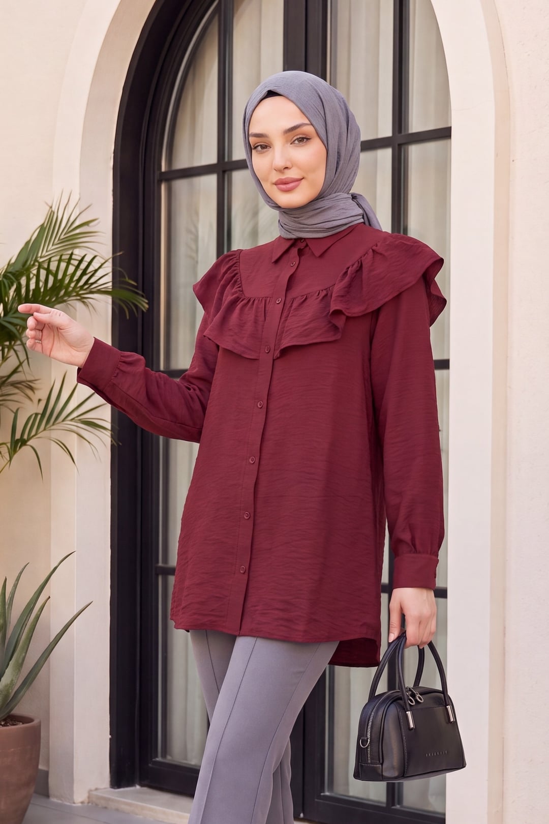 Ruffled Yoke Buttoned Rayon Tunic - Bordeaux - Podyumplus - by Peralane