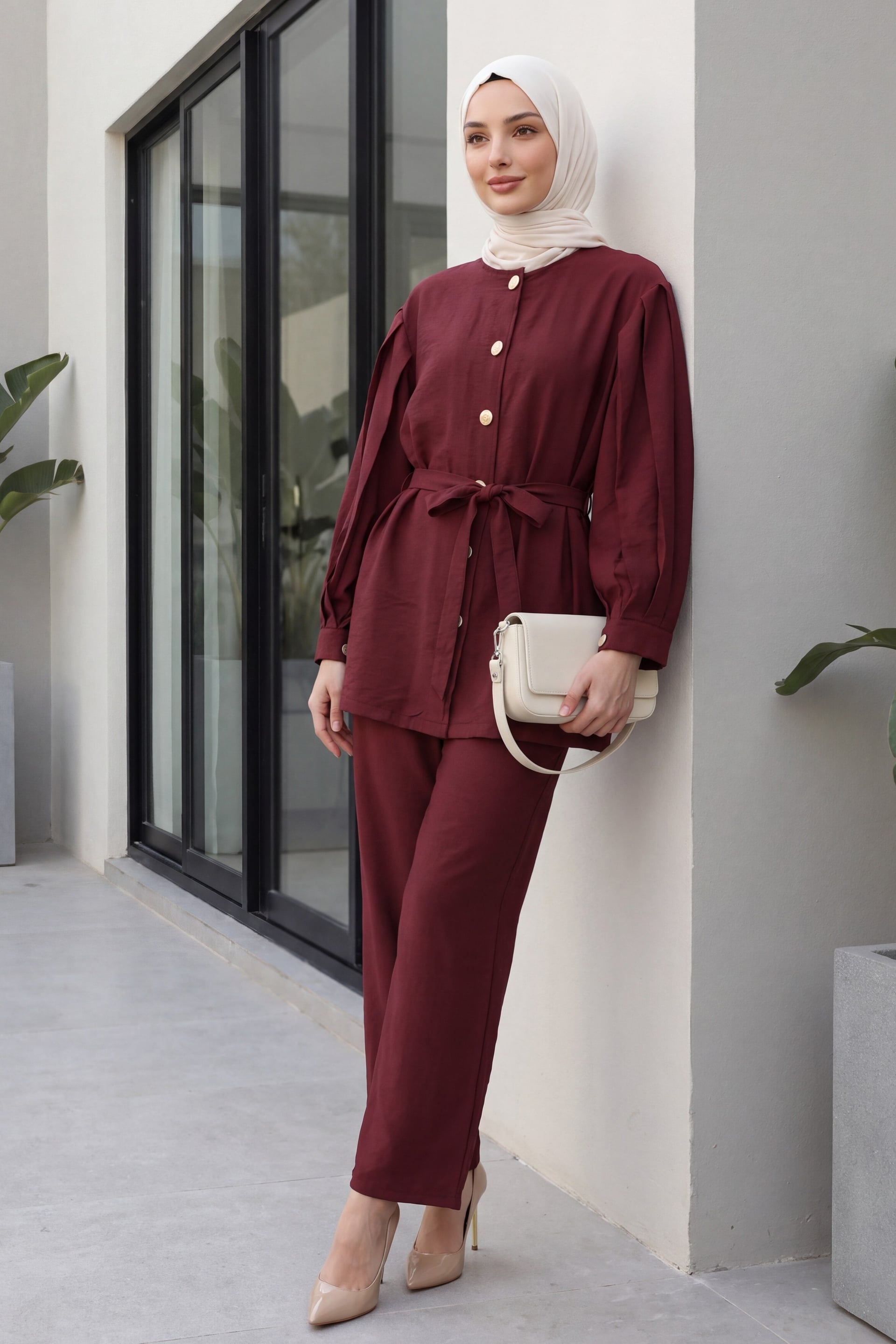 Burgundy Watermelon Sleeve Tie-Belt Trousers Set for Women - Podyumplus - by Peralane - photo 3