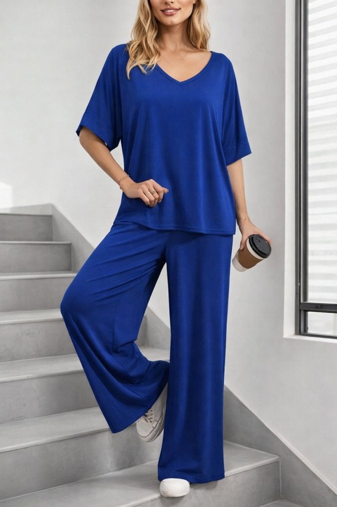 Women's V-Neck Short-Sleeve Viscose Blouse and Wide-Leg Trousers Two-Piece Set - Janes - by Peralane - photo 2