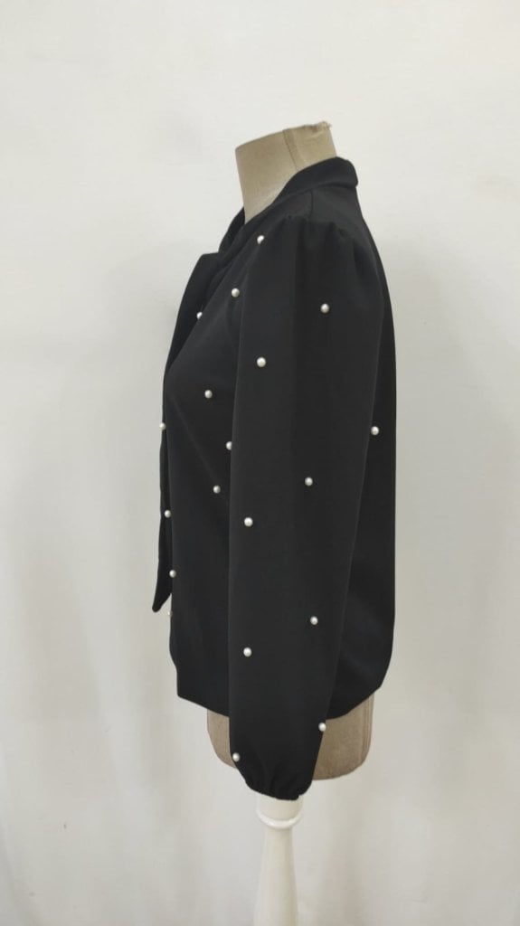 Women's Long-Sleeve Crepe Blouse with Bow and Pearl Beads - Janes - by Peralane - photo 9