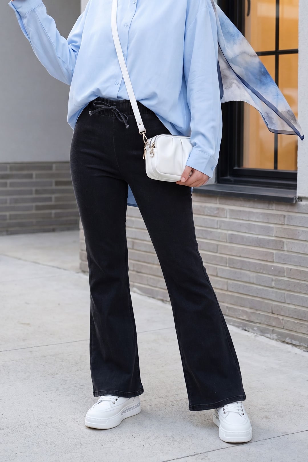 Flared Drawstring Denim Trousers - Dark Grey - Podyumplus - by Peralane