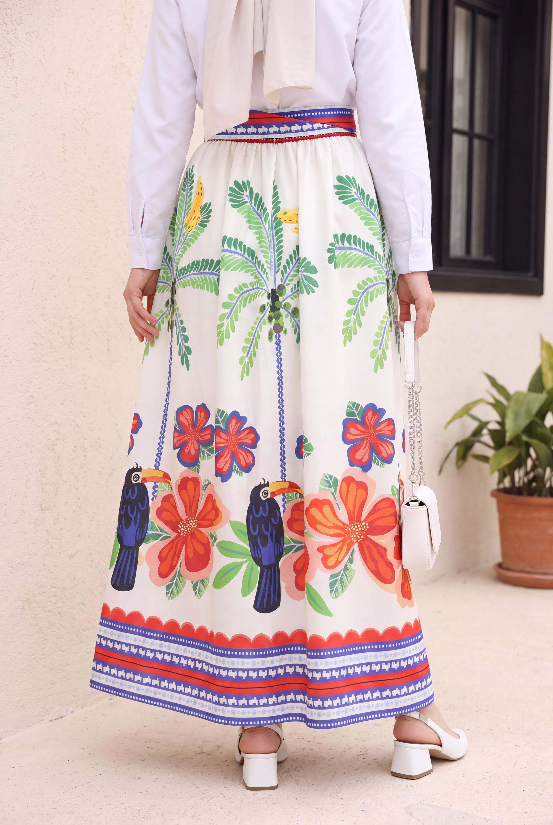 Belted Elasticated Waist Tropical Print Skirt - Ecru - Podyumplus - by Peralane - photo 2