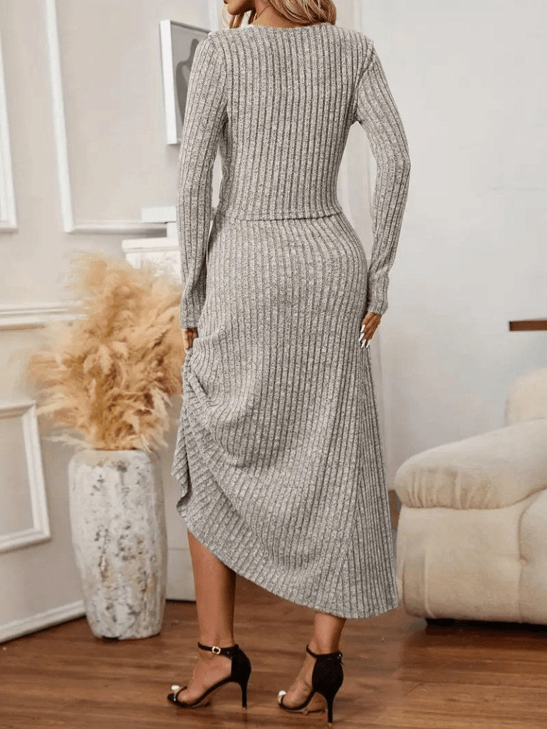Women's Grey Knit Co-ord Set: Cropped Cardigan and High-Waist Midi Skirt - Janes - by Peralane - photo 3