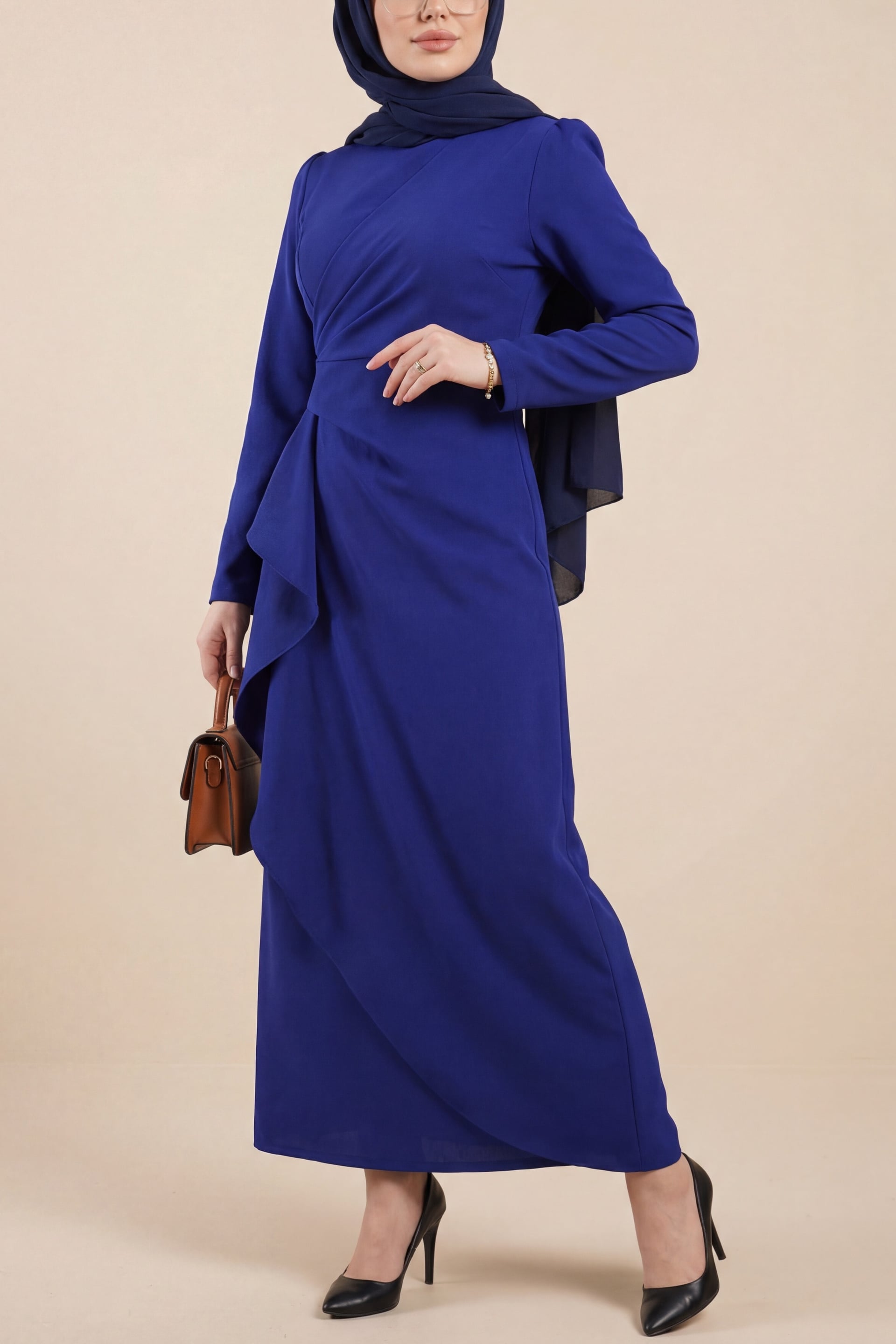 Crew Neck Asymmetric Crepe Dress in Saks - Long Sleeve - Podyumplus - by Peralane - photo 5