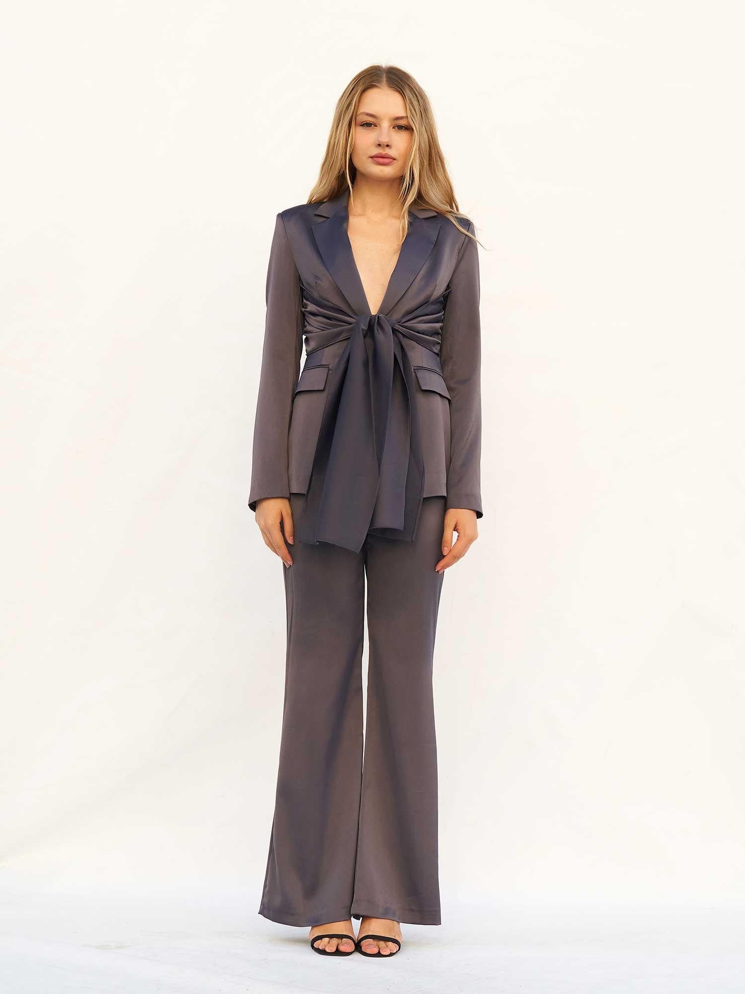Self-Tie Satin Jacket and Wide-Leg Trousers Set - Lefon - by Peralane