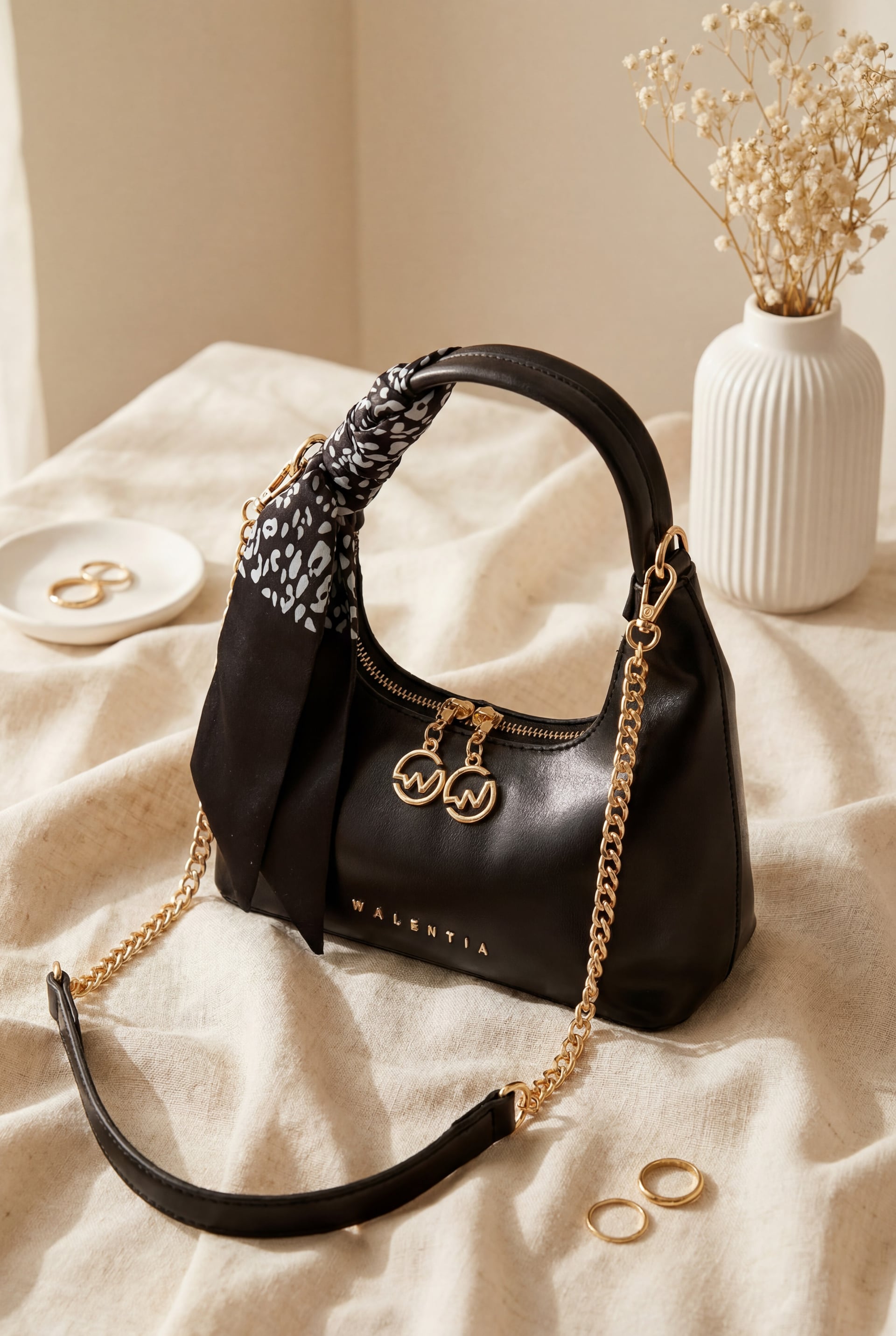 Scarf Detail Chain Strap Shoulder Bag - Black - Podyumplus - by Peralane