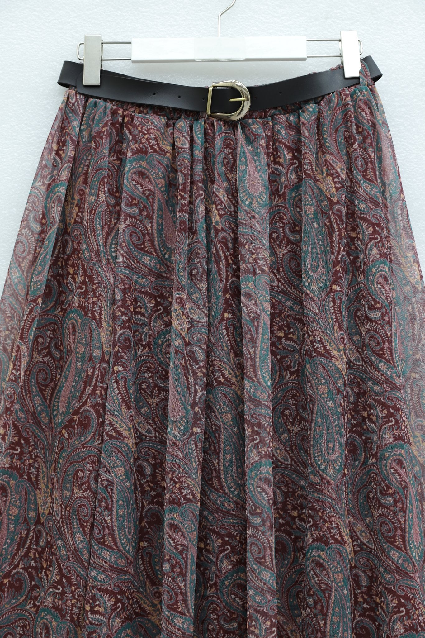 Burgundy Patterned Tulle Maxi Skirt with Elastic Waist and Belt | Peralane - Podyumplus - by Peralane - photo 7