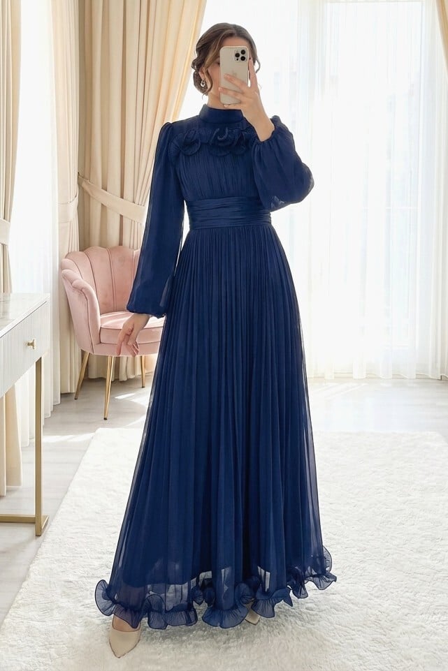 Navy Blue Pleated Evening Gown with Ruffles and Draped Waist - Podyumplus - by Peralane - photo 2