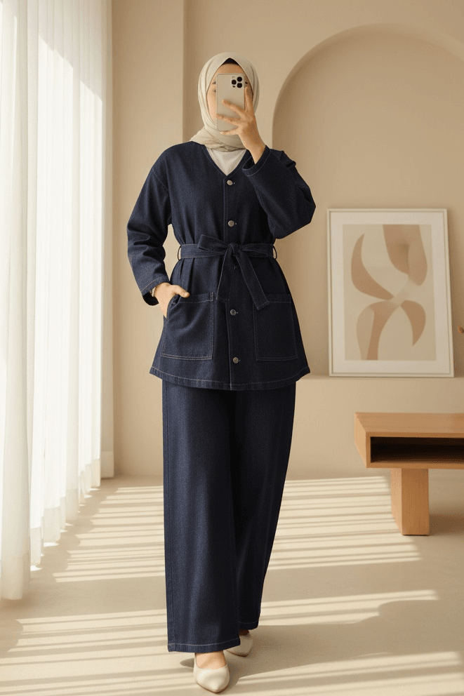 Women's Dark Navy Denim Co-ord Set with Jacket and Wide-Leg Trousers - Podyumplus - by Peralane