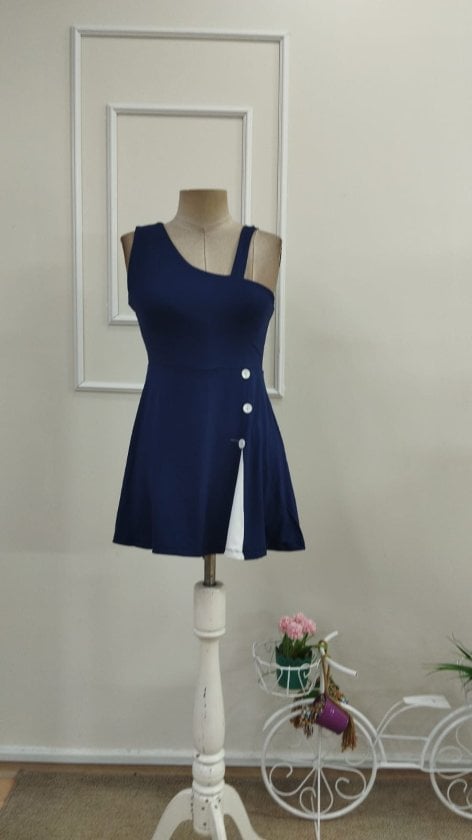 Women's Navy Blue One-Shoulder Viscose Tunic with Stripe Detail and Buttons - Janes - by Peralane - photo 6