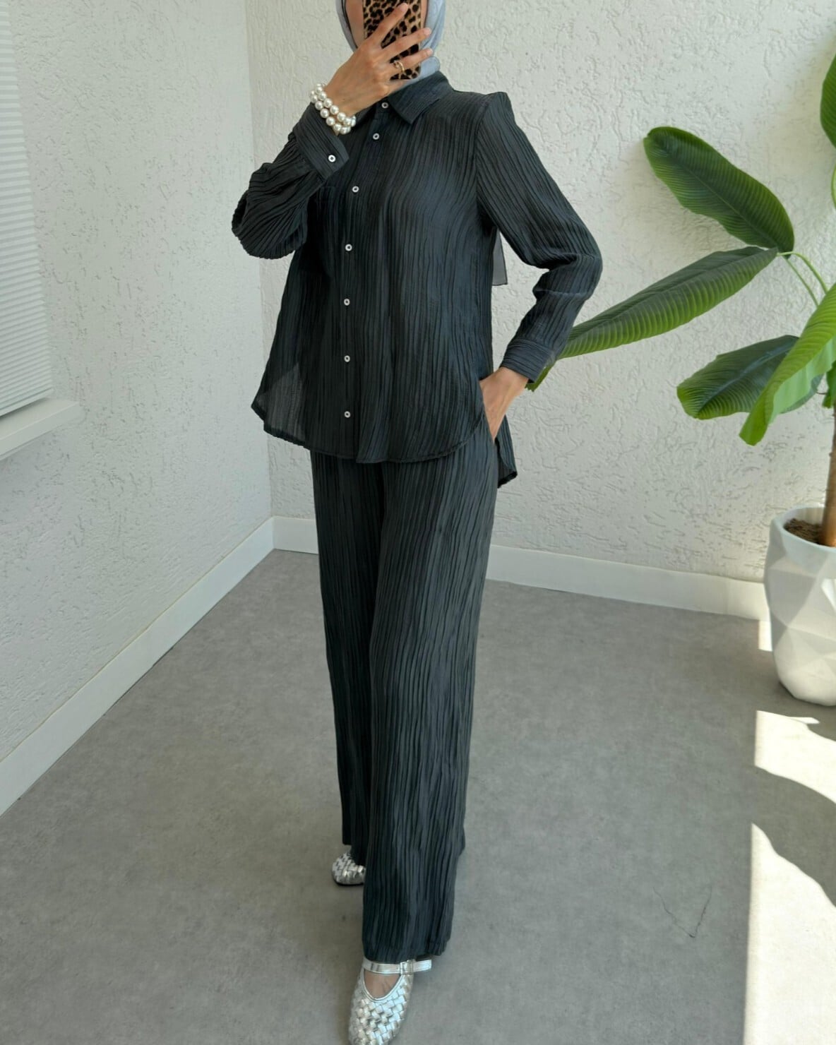 Single-Pocket Corduroy Tencel Two-Piece Set - Anthracite - Podyumplus - by Peralane - photo 2