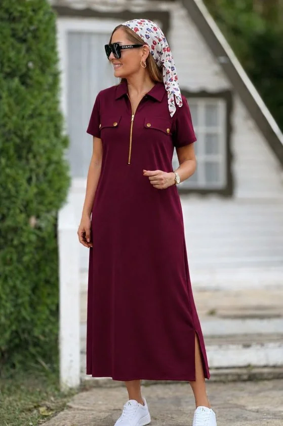 Women's Short-Sleeve Collared Zip-Front Jersey Dress in Burgundy - Janes - by Peralane