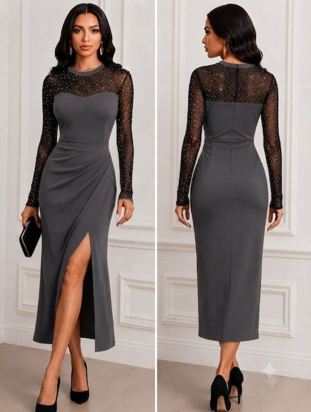 Women's Long Sleeve Sweetheart Neckline Tulle Embellished Midi Crepe Dress - Janes - by Peralane