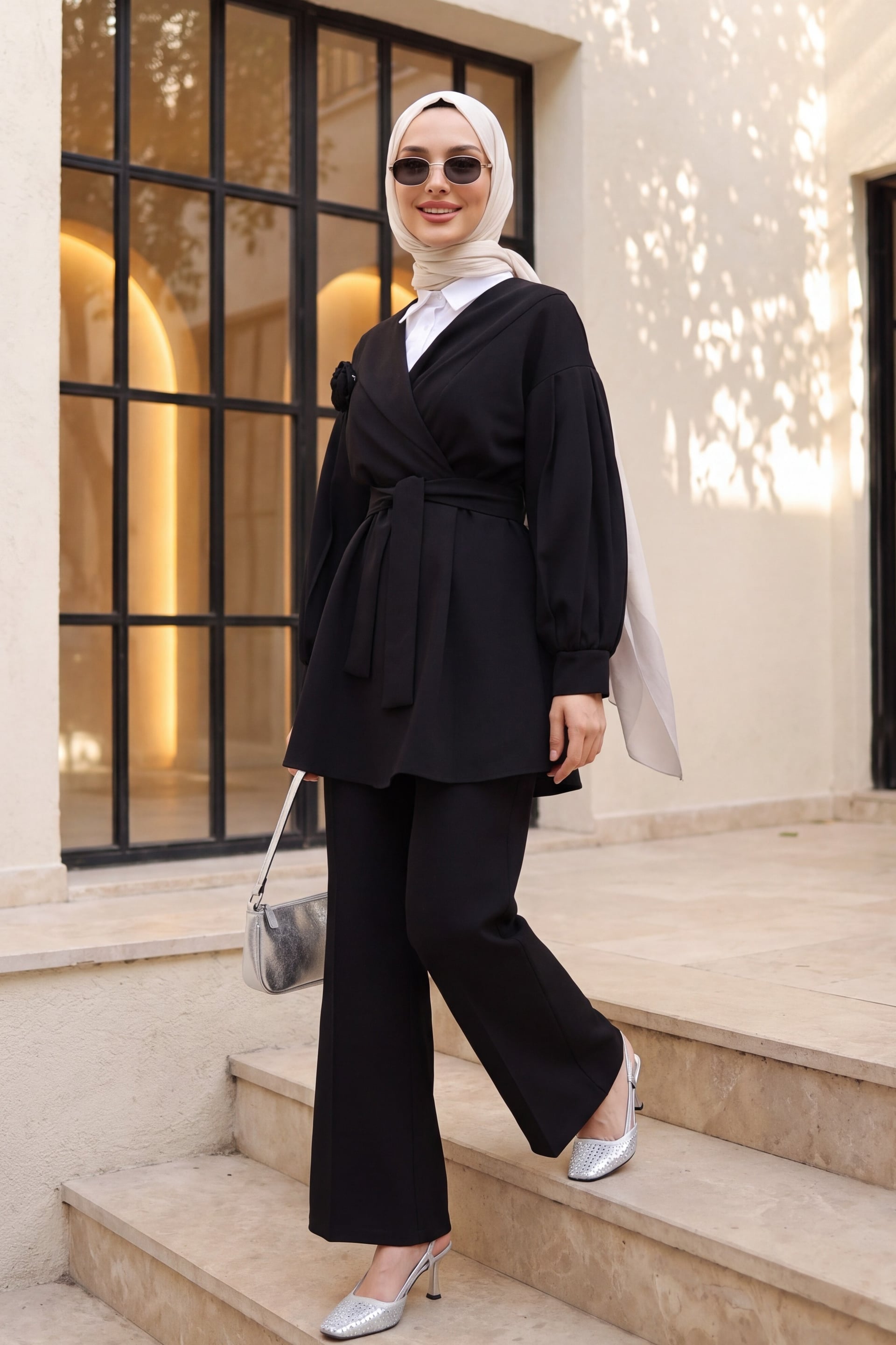 V-Neck Rose Brooch Belted Balloon Sleeve Pleated Wide-Leg Trouser Co-ord Set - Black - Podyumplus - by Peralane - photo 4