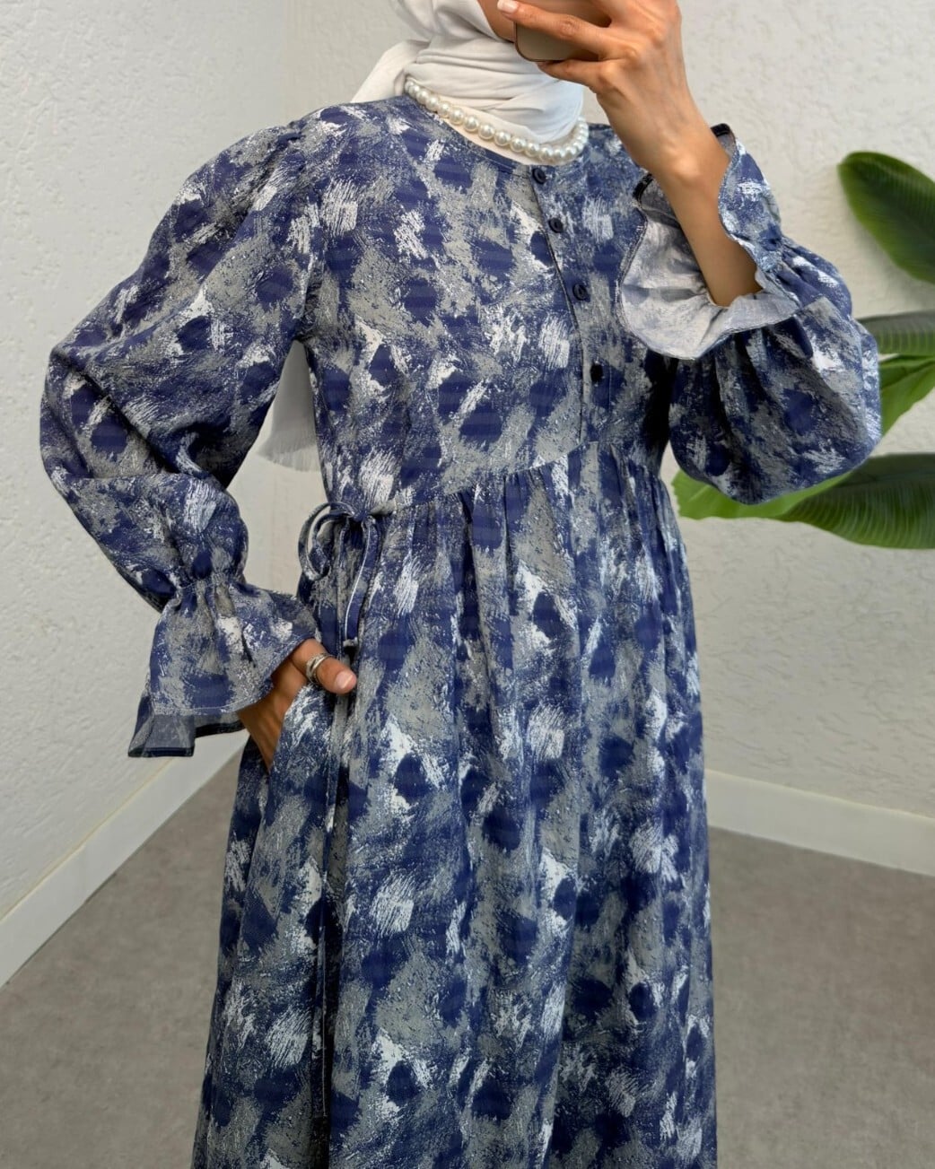 Half Button Tie Waist Patterned Maxi Dress - Indigo - Podyumplus - by Peralane - photo 6