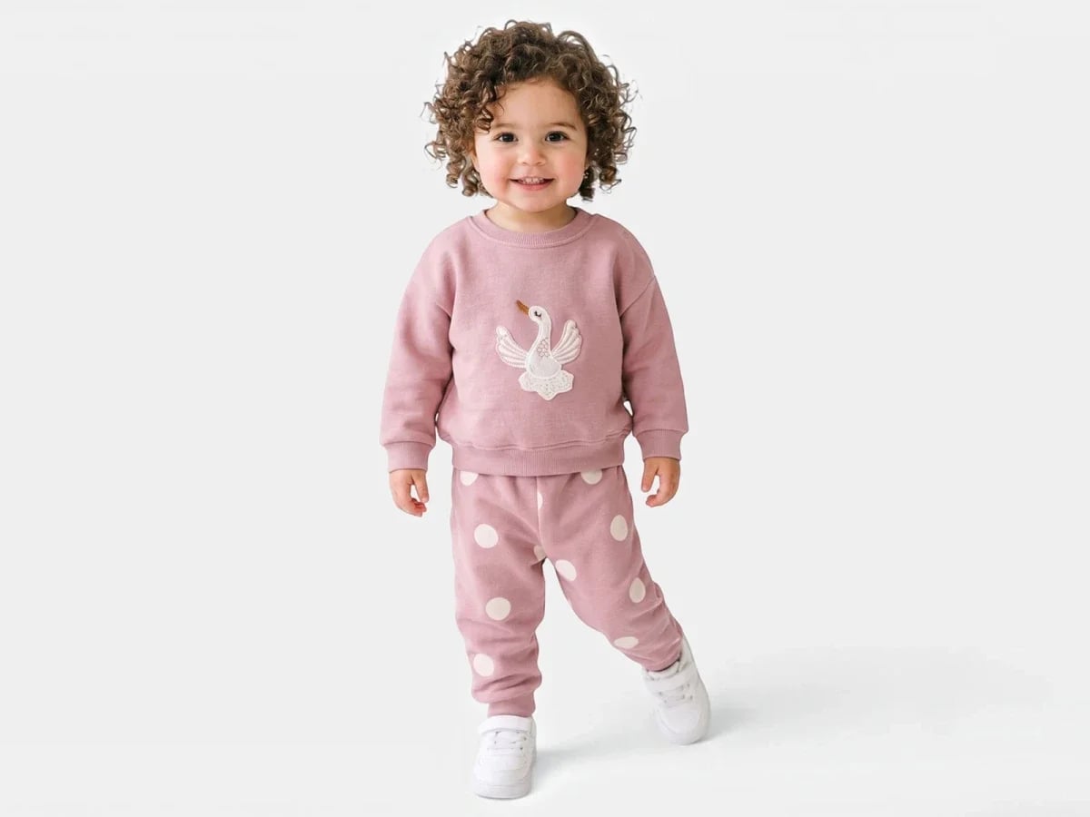 Girls' Swan Print Brushed 3-Thread Sweatshirt and Trousers Set - Dusty Rose - Vovido - by Peralane