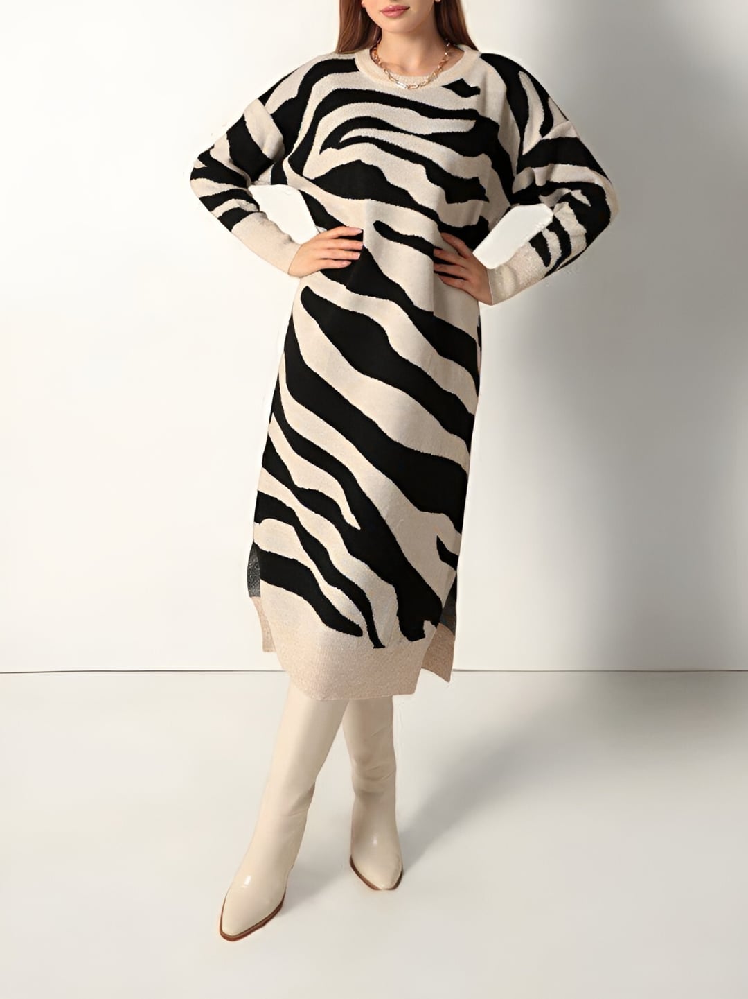 Slit Patterned Knit Dress - Stone Color - Podyumplus - by Peralane - photo 4