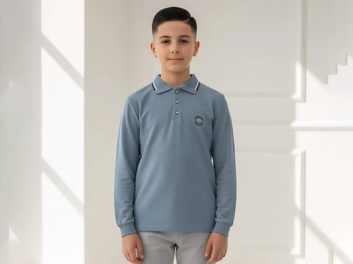 Boys' Classic Long-Sleeve Polo Shirt in Blue-Grey - Tanem Kids - by Peralane