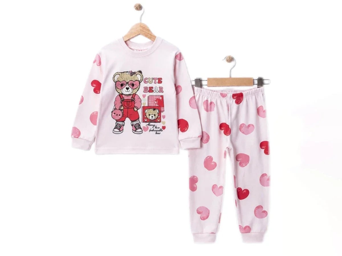 Girls' Heart Print Pyjama Set - Light Pink (Pack of 3) - Supermini - by Peralane