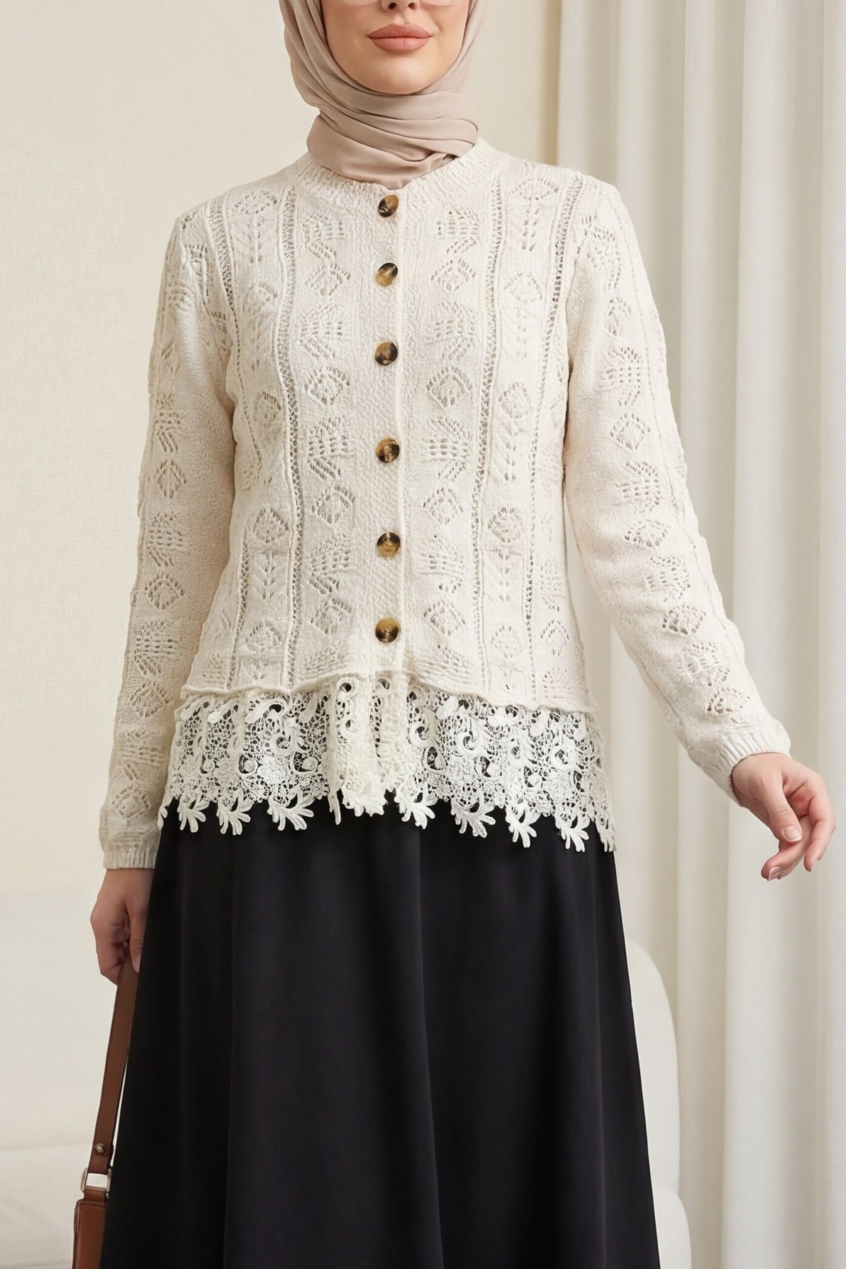 Cream Lace-Trim Patterned Buttoned Knit Cardigan - Podyumplus - by Peralane