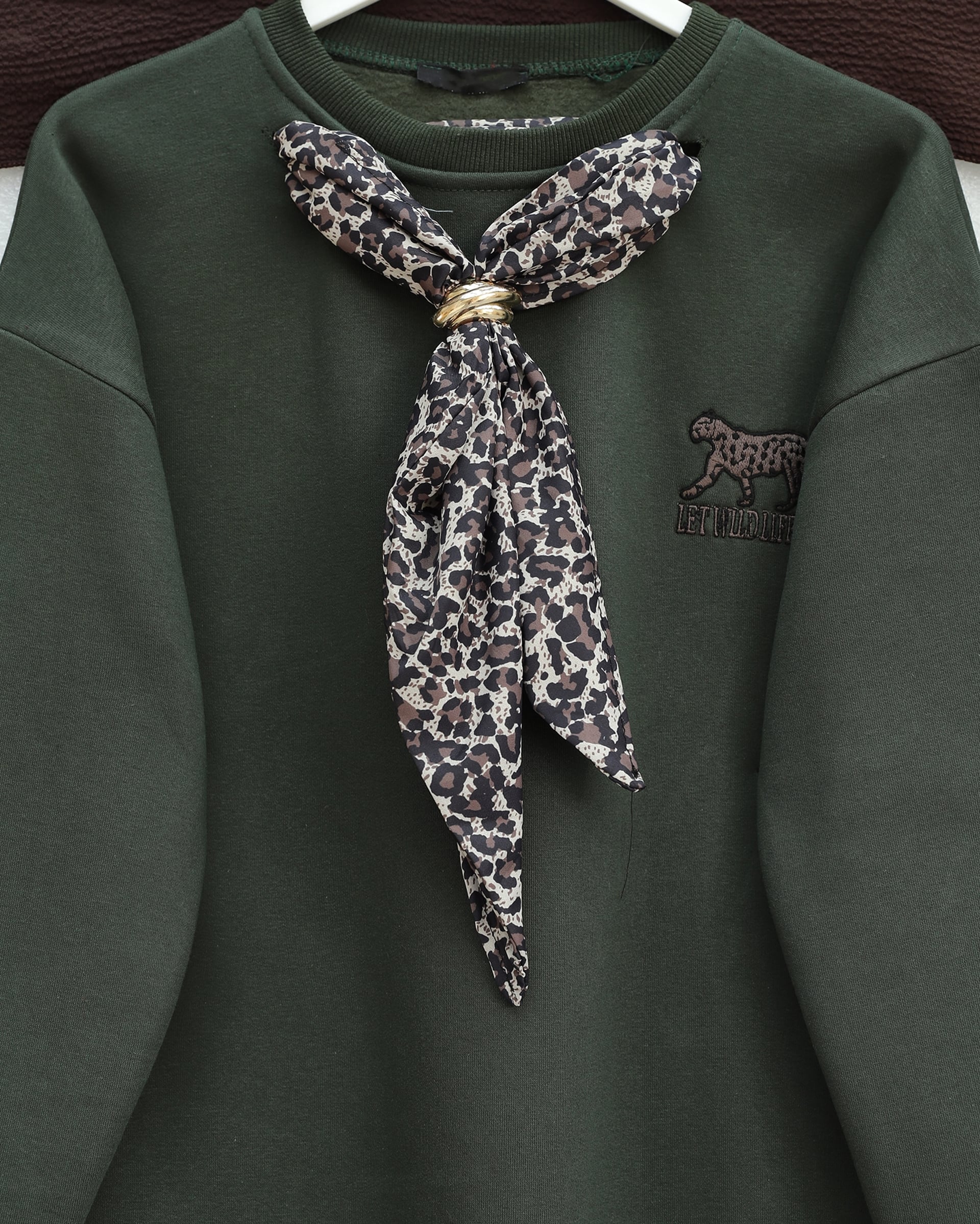 Leopard Emblem 3-Thread Sweatshirt with Scarf Detail - Khaki - Podyumplus - by Peralane - photo 5