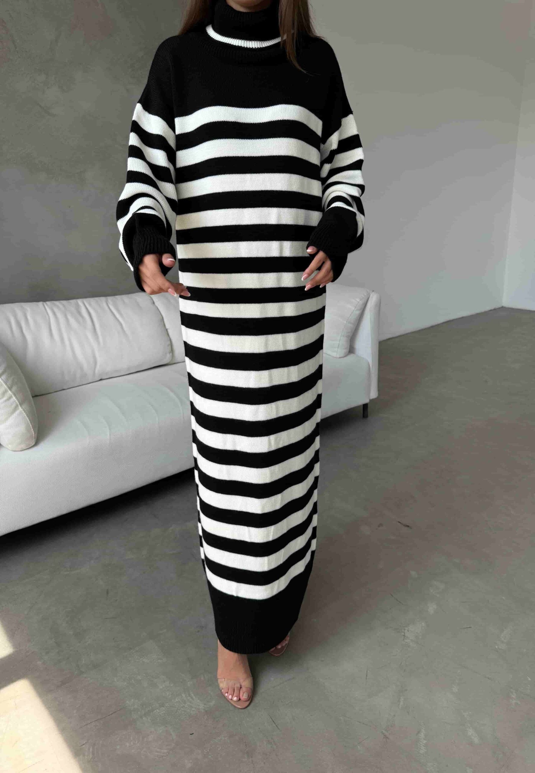 Black and White Striped Ribbed Knit Midi Dress - My Bee - by Peralane - photo 3
