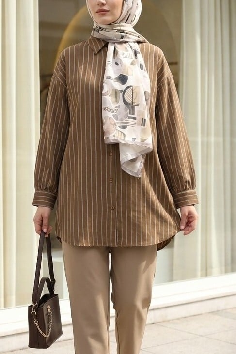 Striped Slit Oversized Linda Blouse - Brown - Podyumplus - by Peralane - photo 2