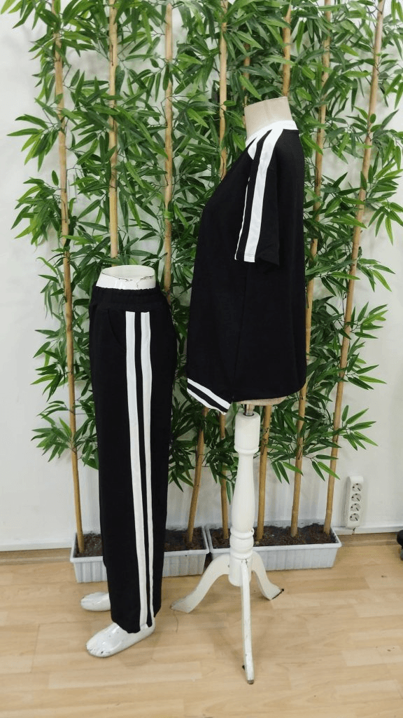 Women's Short Sleeve Crew Neck Two-Tone Stripe Detail Viscose Two-Thread Blouse and Trousers Set - Janes - by Peralane - photo 4