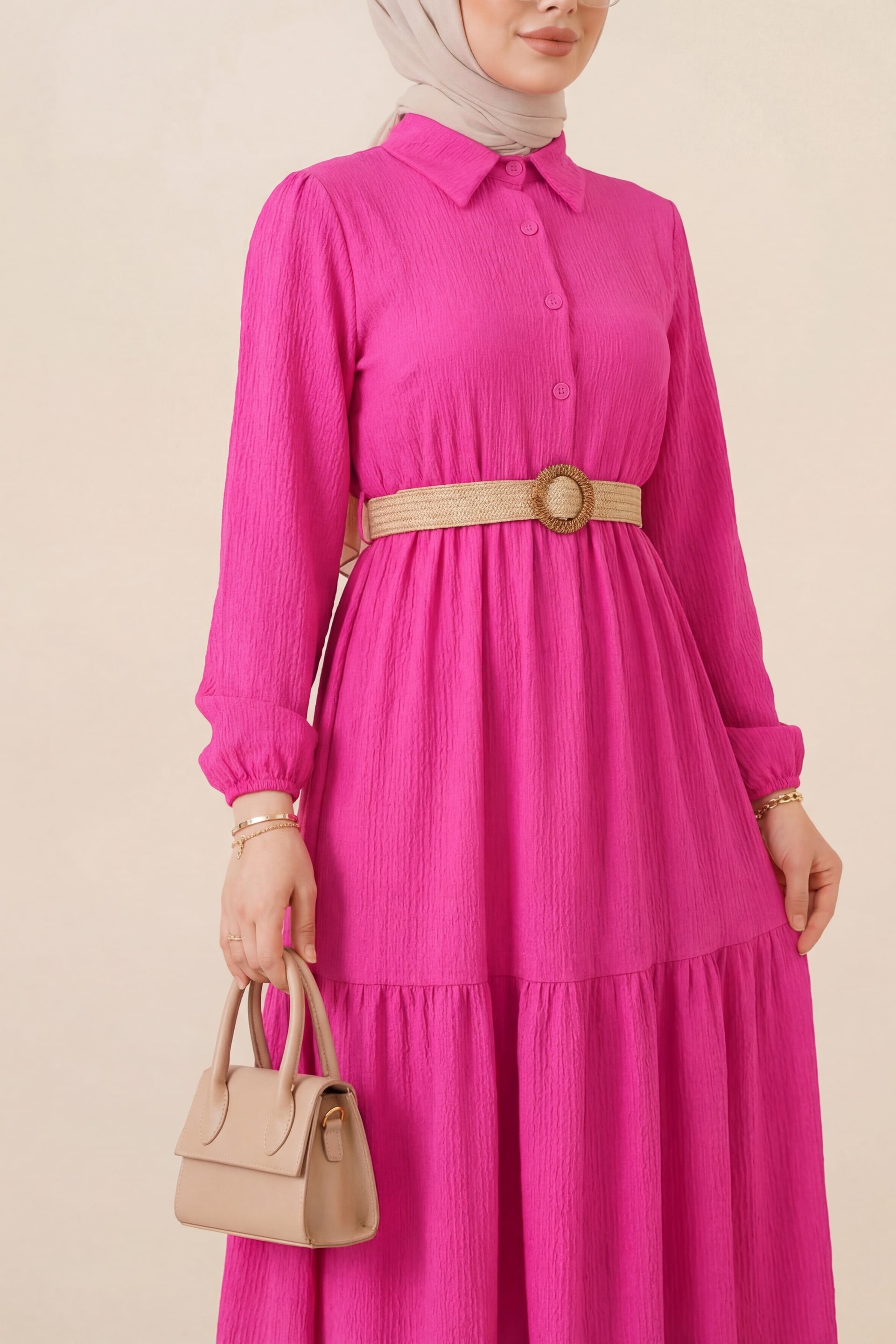 Partially Buttoned Belted Crinkle Dress - Fuchsia - Podyumplus - by Peralane - photo 2