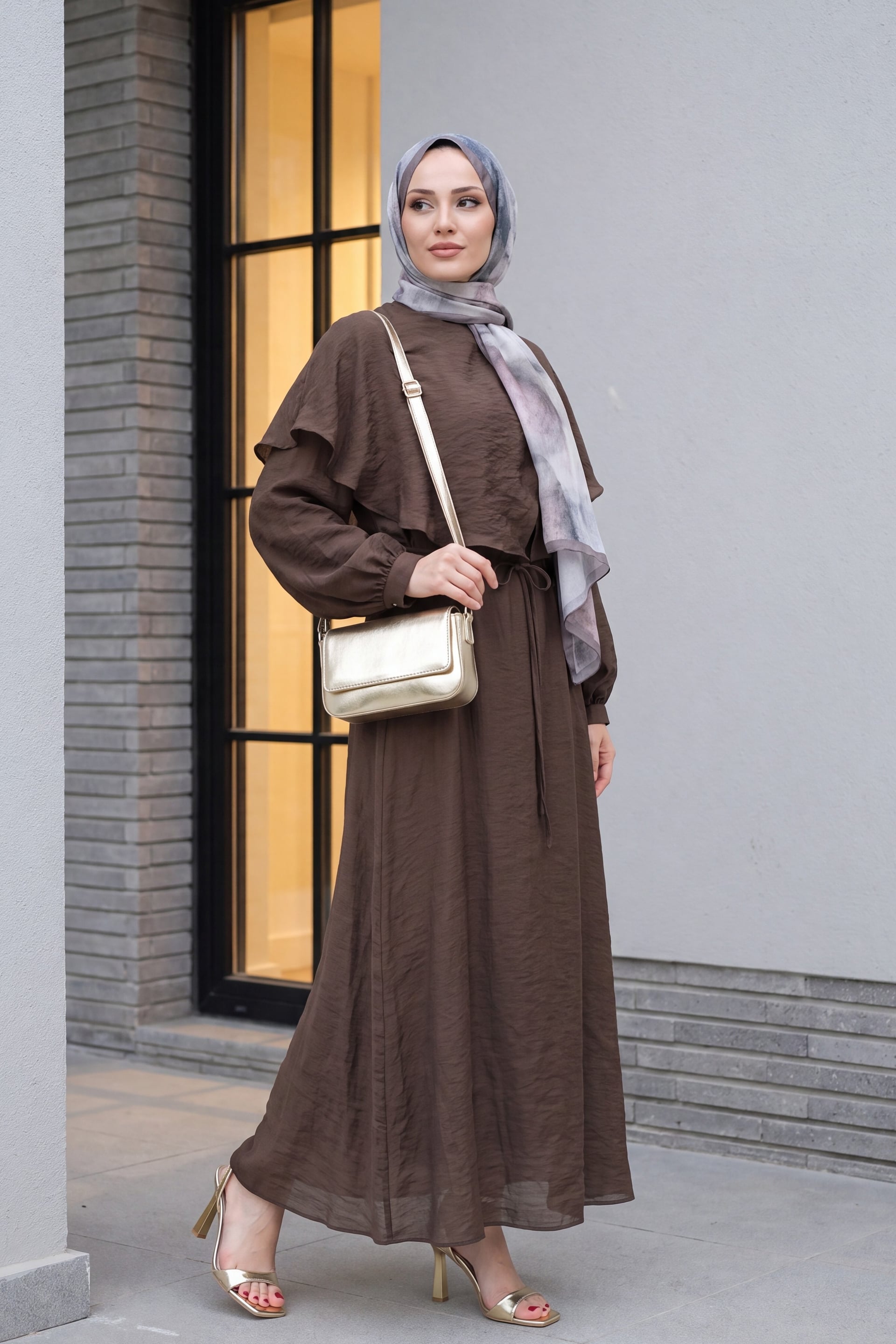 Cape Collar Lined Belted Tulle Modal Dress - Brown - Podyumplus - by Peralane - photo 3