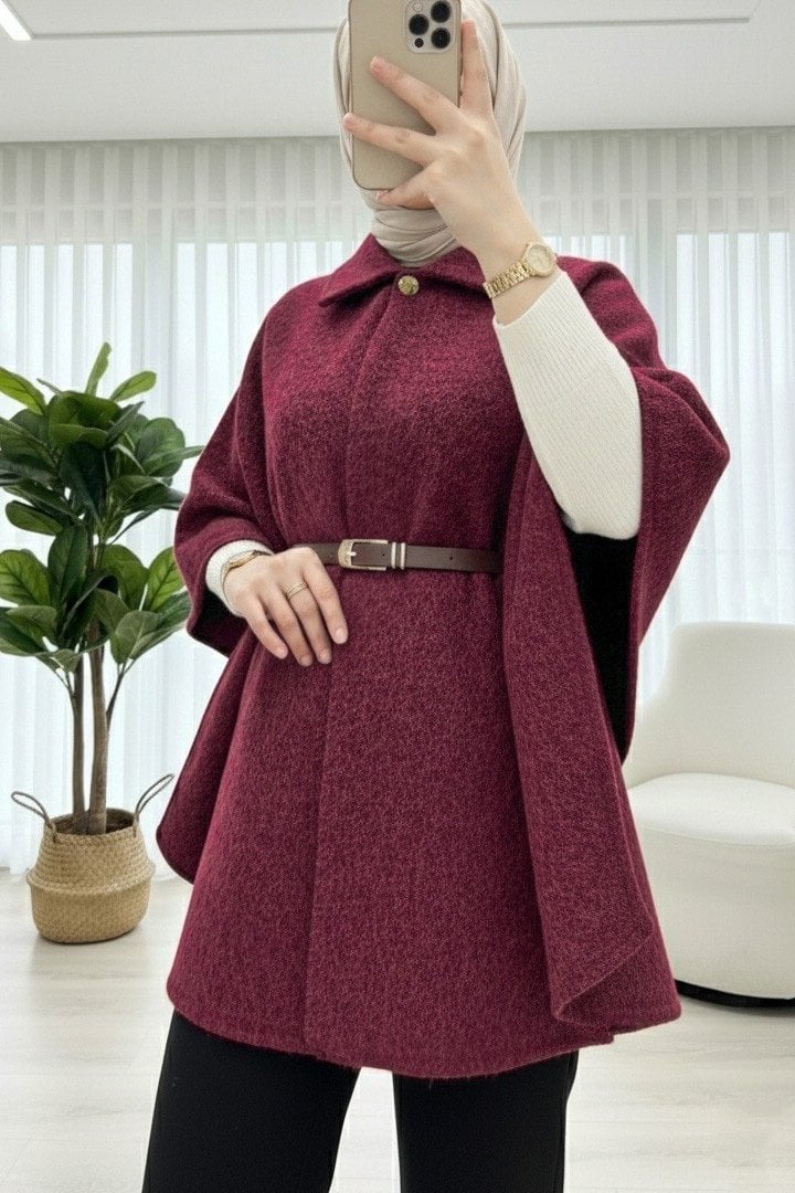 Single Button Belted Fringed Cape - Bordeaux - Podyumplus - by Peralane