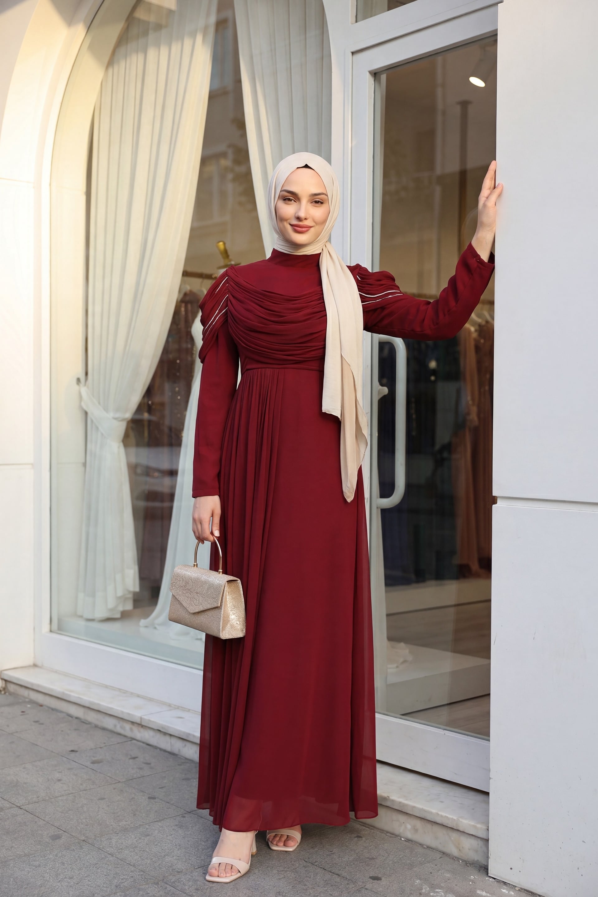 Burgundy Satin Evening Dress with Stone-Embellished Shoulders and Pleated Detail - Podyumplus - by Peralane - photo 3