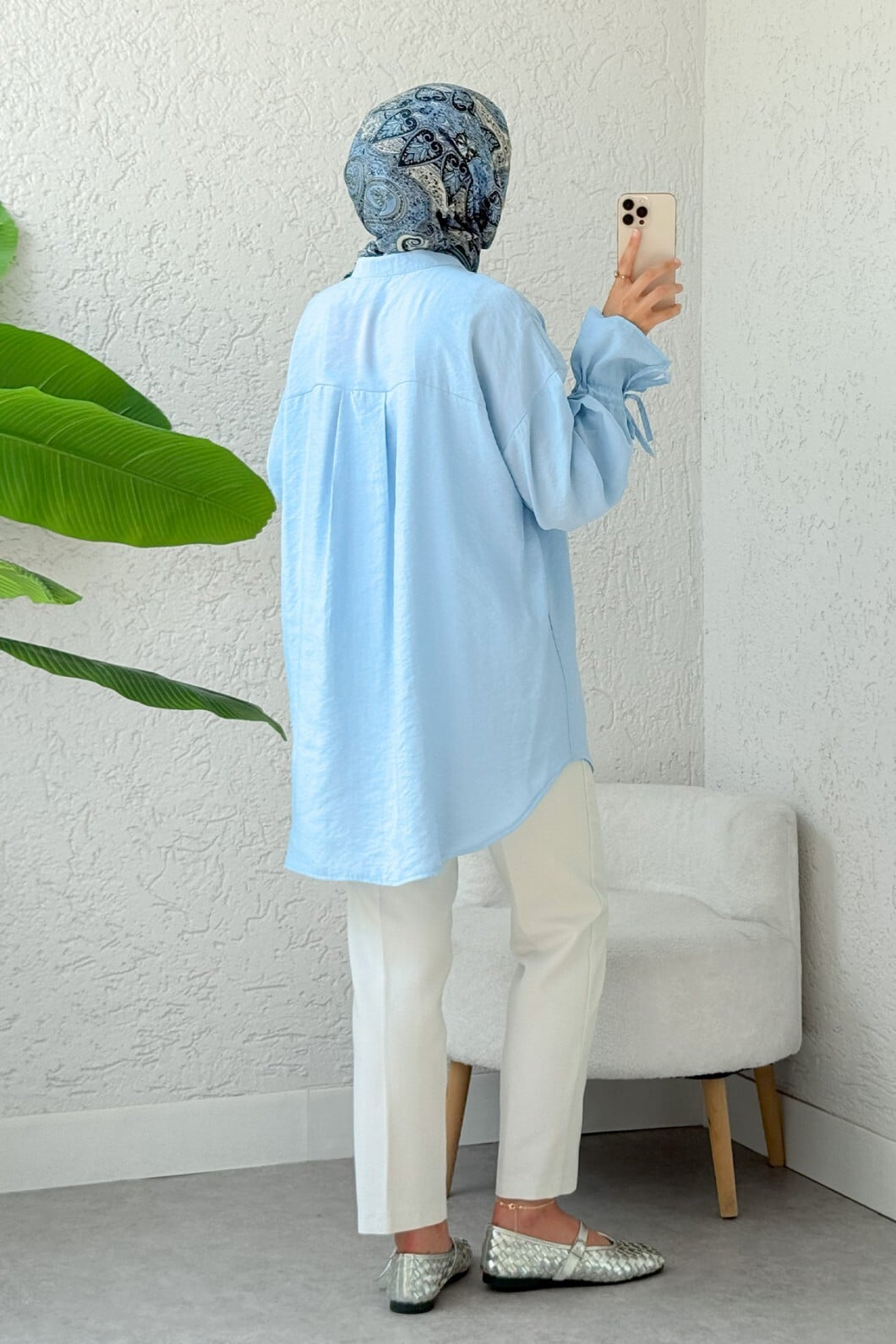 Long Back Buttoned Shirt with Lace-Up Sleeves - Baby Blue - Podyumplus - by Peralane - photo 5