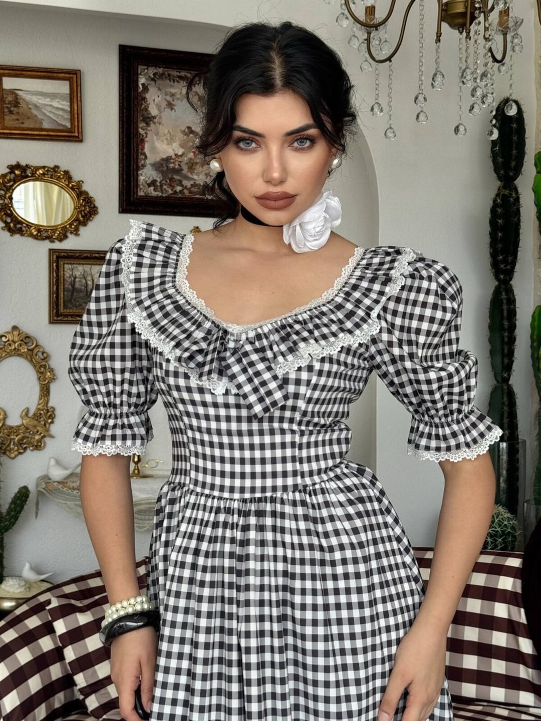 Ruffled Neck Dress in Black and White Gingham - Etika - by Peralane