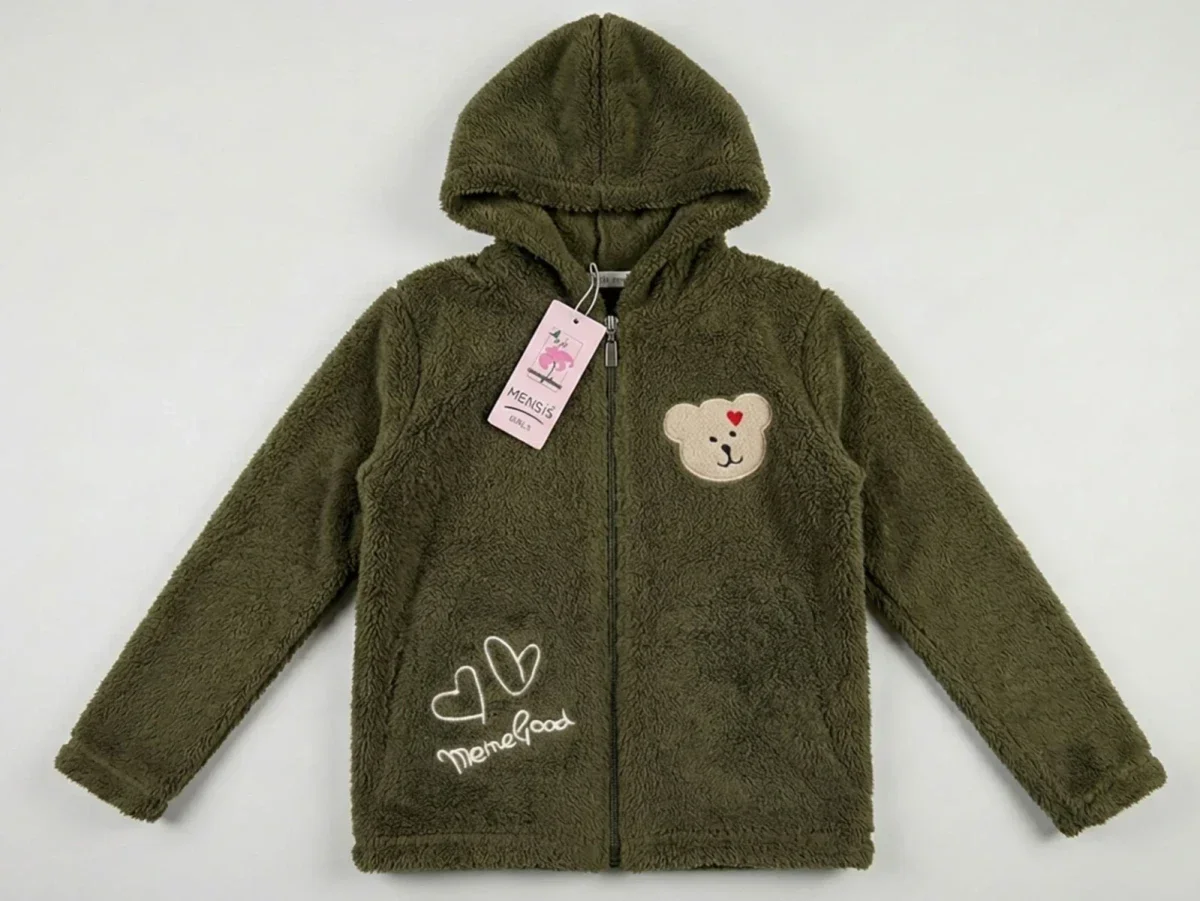 Girls' Zip-Up Hoodie with Teddy Bear Embroidery - Dark Olive Green - Mensis - by Peralane