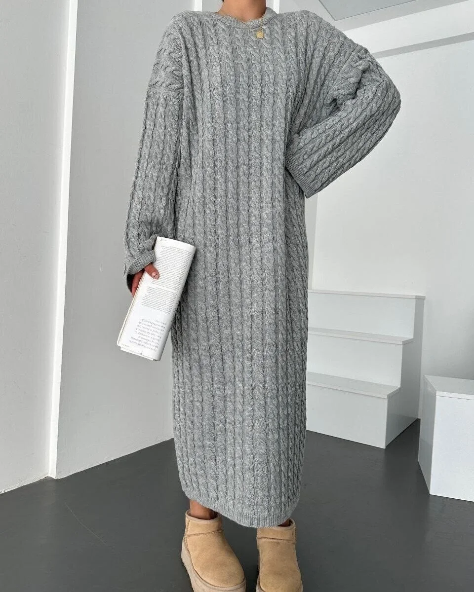 Grey Cable-Knit Dress with High Neck and Balloon Sleeves - Podyumplus - by Peralane - photo 6