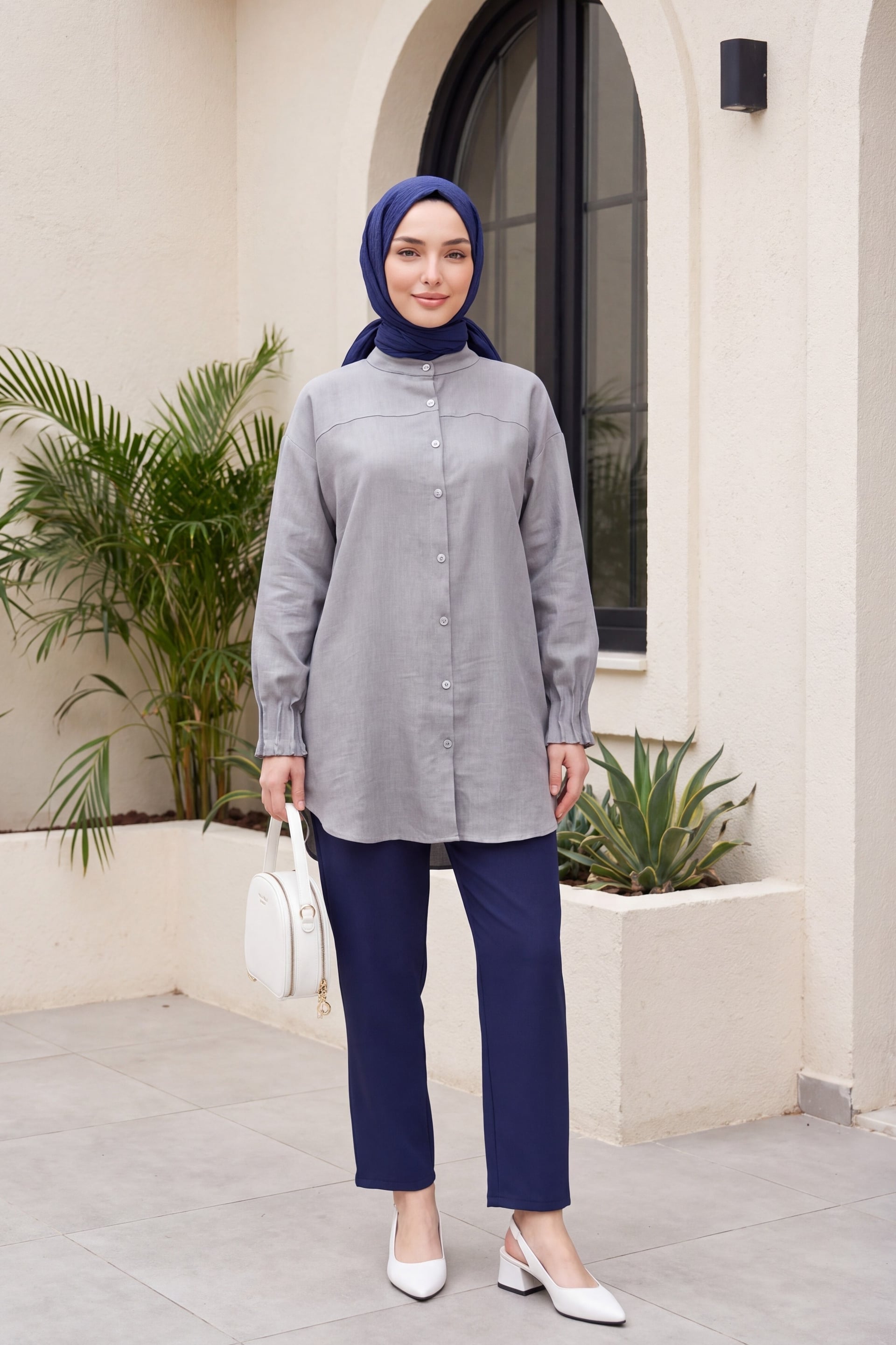 Oval Cut Shirt with Draped Cuffs - Grey - Podyumplus - by Peralane - photo 2
