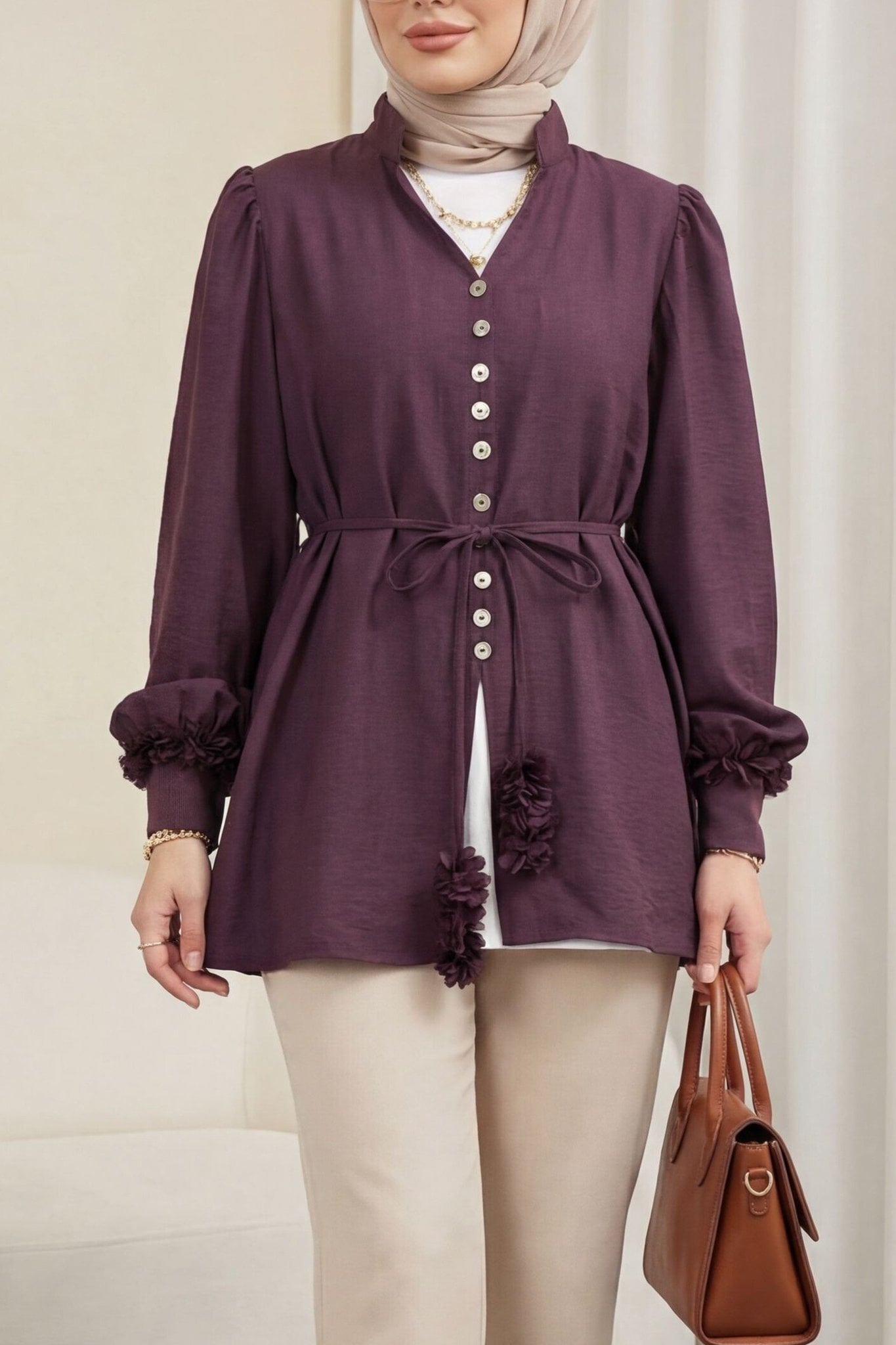 V-Neck Floral Sleeve Buttoned Tie Modal Tunic - Deep Plum - Podyumplus - by Peralane