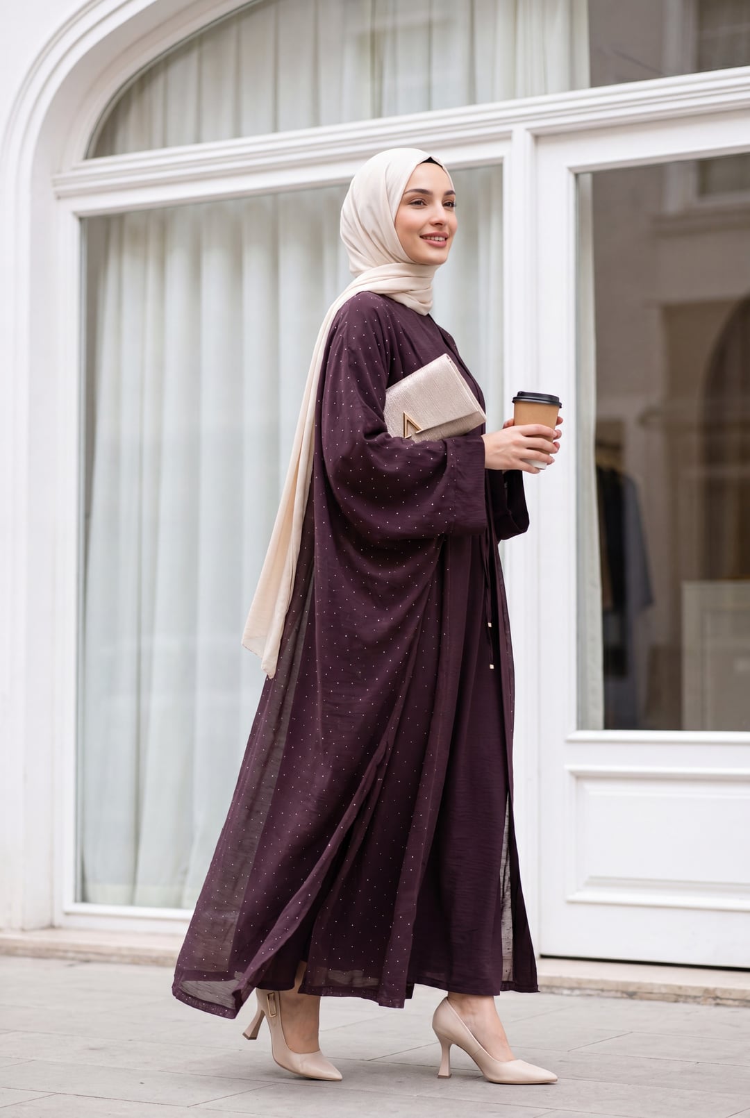 Belted Lined Flam Tulle Abaya Set with Inner Dress and Stone Details - Plum - Podyumplus - by Peralane - photo 2