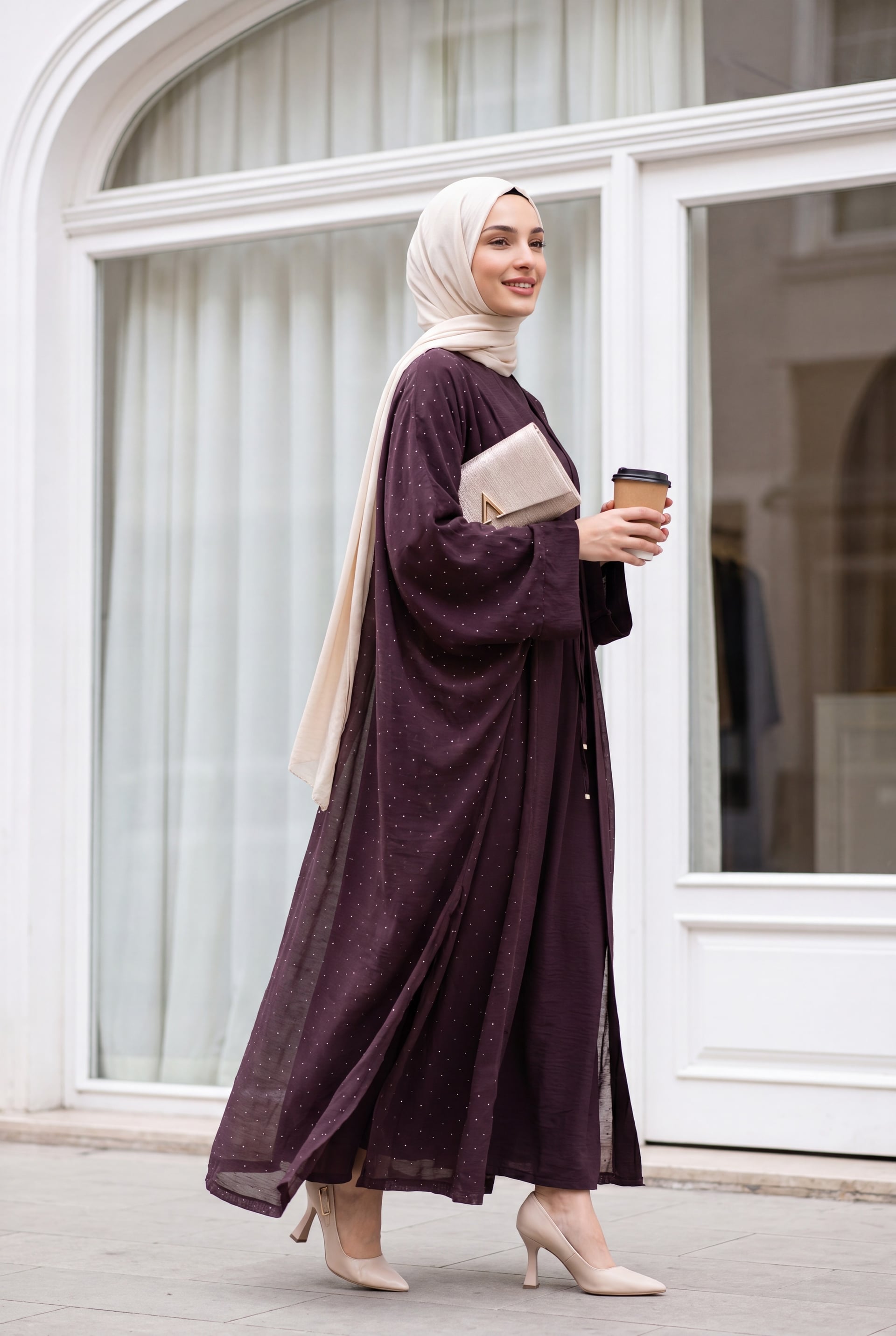 Belted Lined Flam Tulle Abaya Set with Inner Dress and Stone Details - Plum - Podyumplus - by Peralane - photo 2