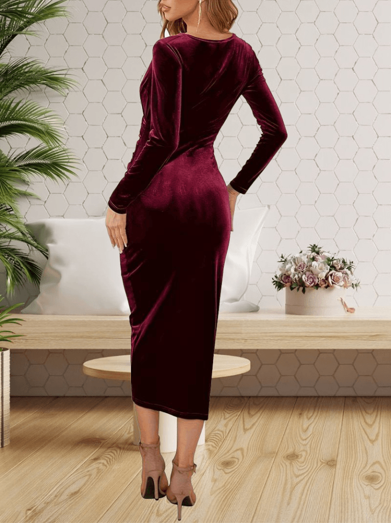 Women's Long-Sleeved V-Neck Wrap Midi Velvet Dress, Deep Red - Janes - by Peralane - photo 2