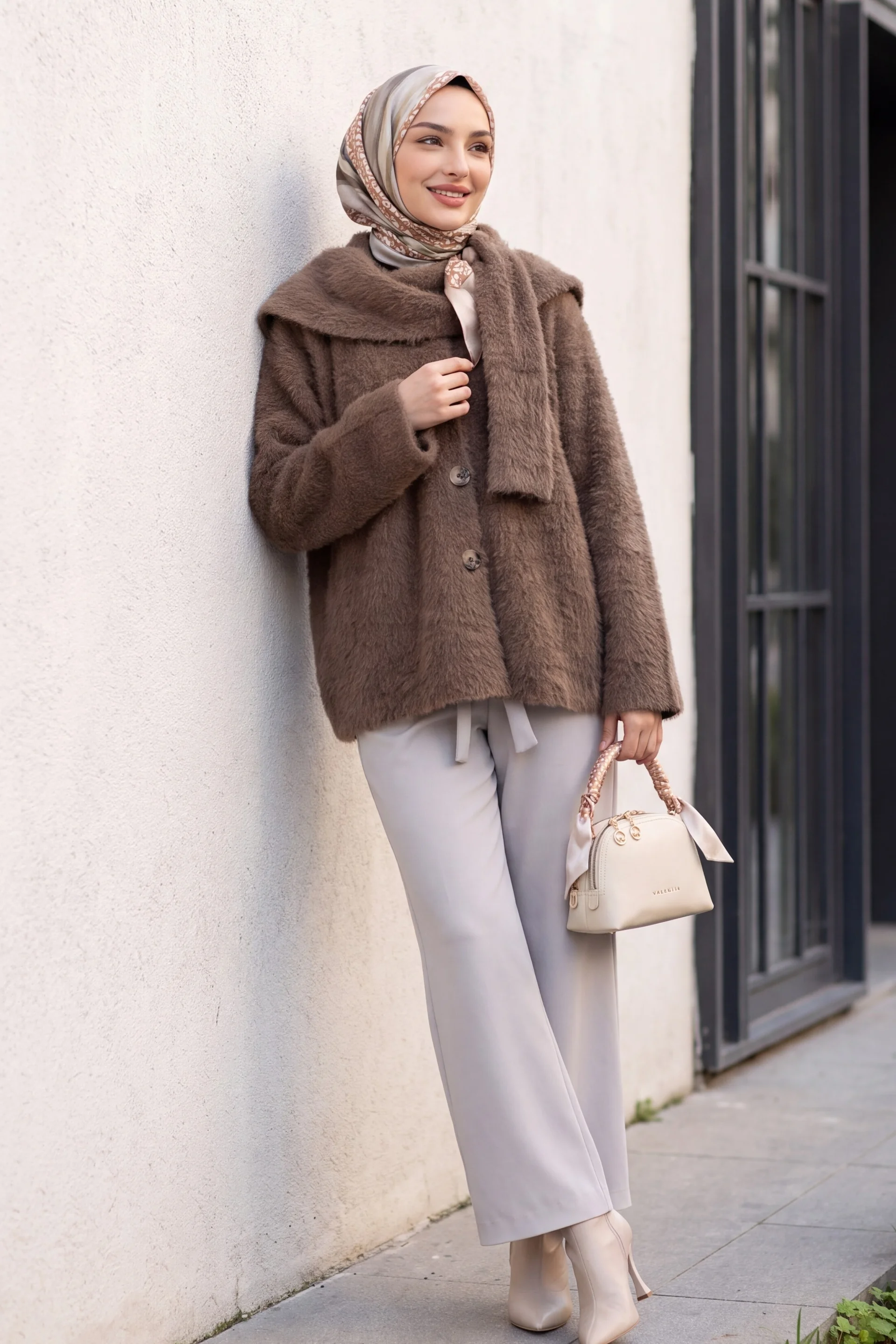 Shawl Collar Button Front Fuzzy Knit Cardigan - Brown - Podyumplus - by Peralane - photo 5