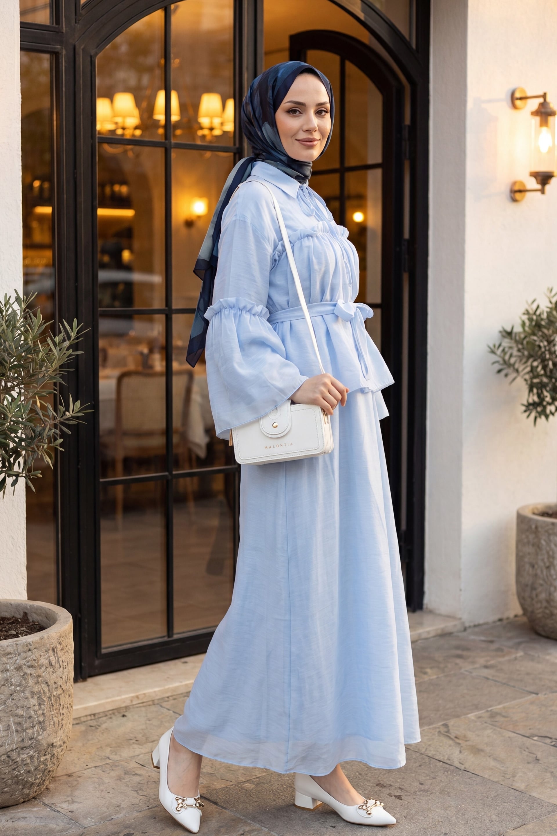 Tie-Front Ruffled Lined Belted Tulle Voile Dress - Baby Blue - Podyumplus - by Peralane - photo 4