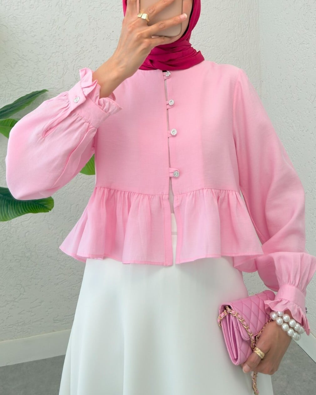Pink Modal Blouse with Ruffled Peplum and Pearl Buttons - Podyumplus - by Peralane - photo 4