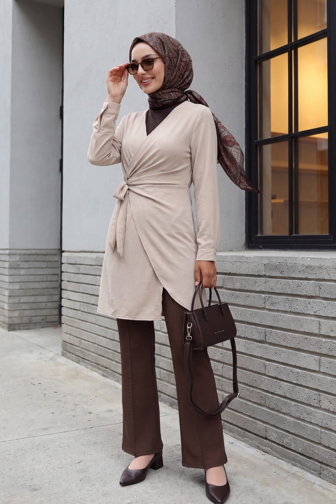 Wrap V-Neck Tie-Waist Tunic Dress - Beige - Podyumplus - by Peralane - photo 3