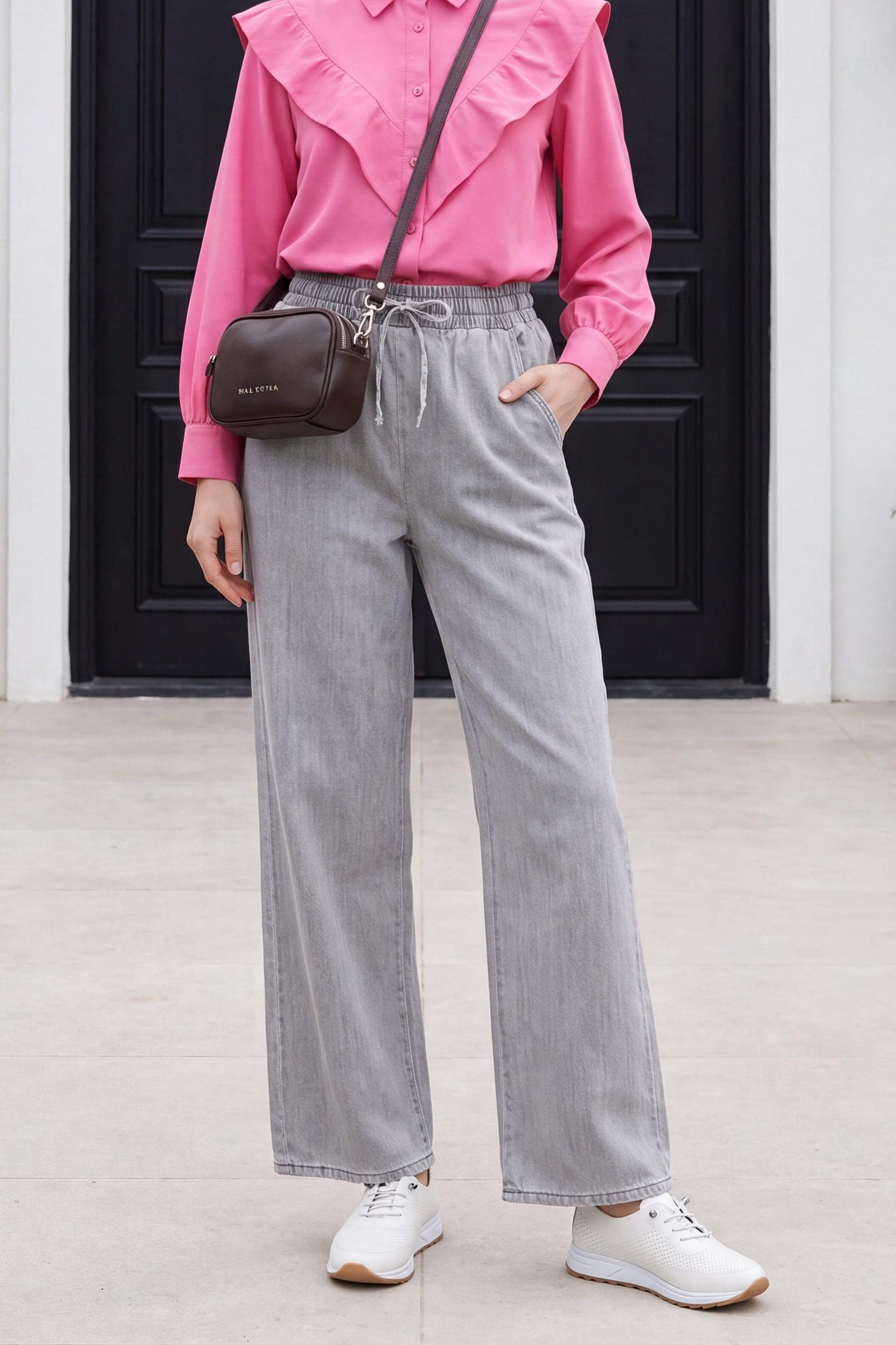 Women's Drawstring Waist Wide-Leg Jeans - Light Grey - Podyumplus - by Peralane - photo 4