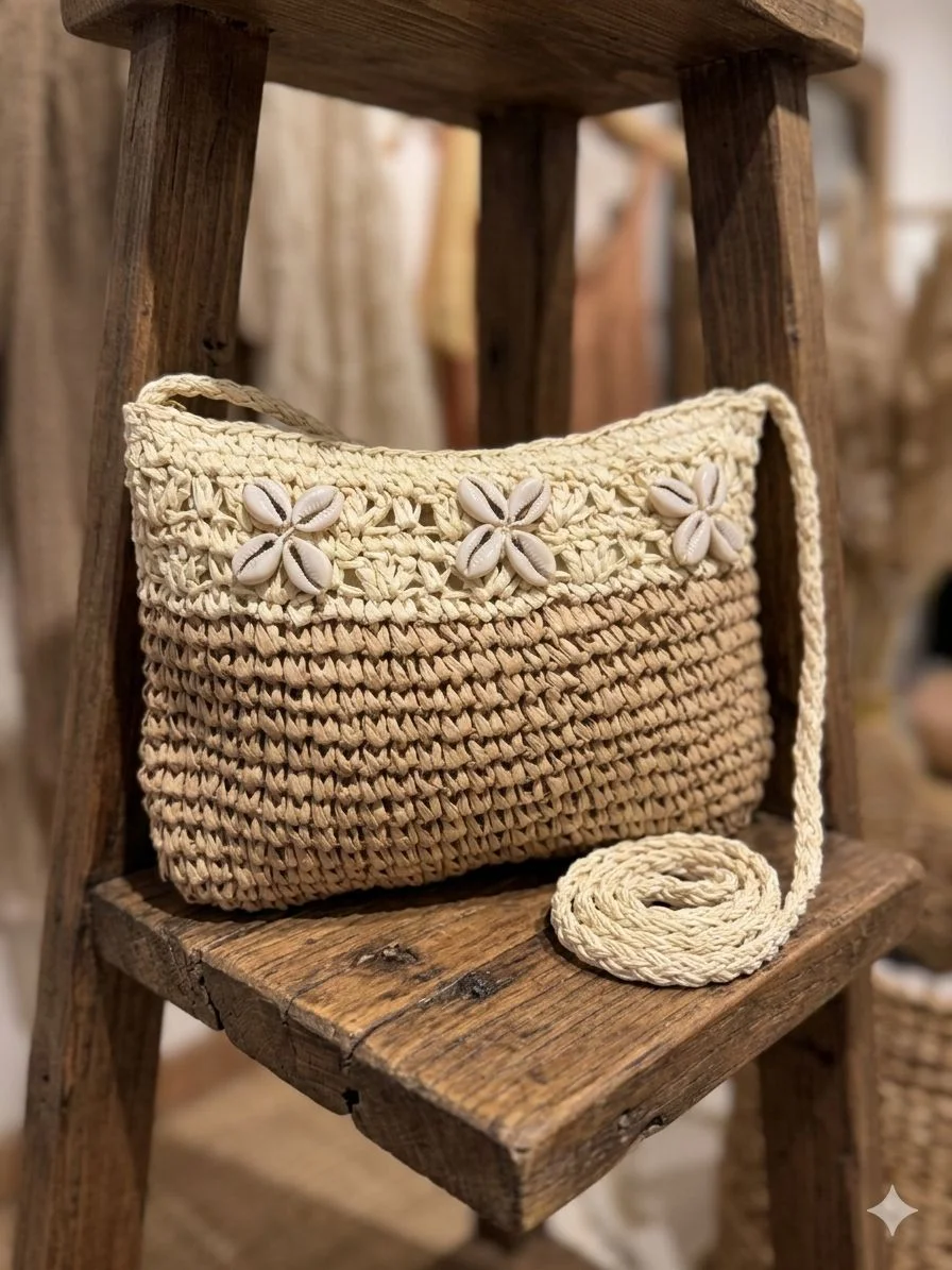 Handwoven Straw Crossbody Bag with Shell Details 28x21 cm - Nesvay - by Peralane