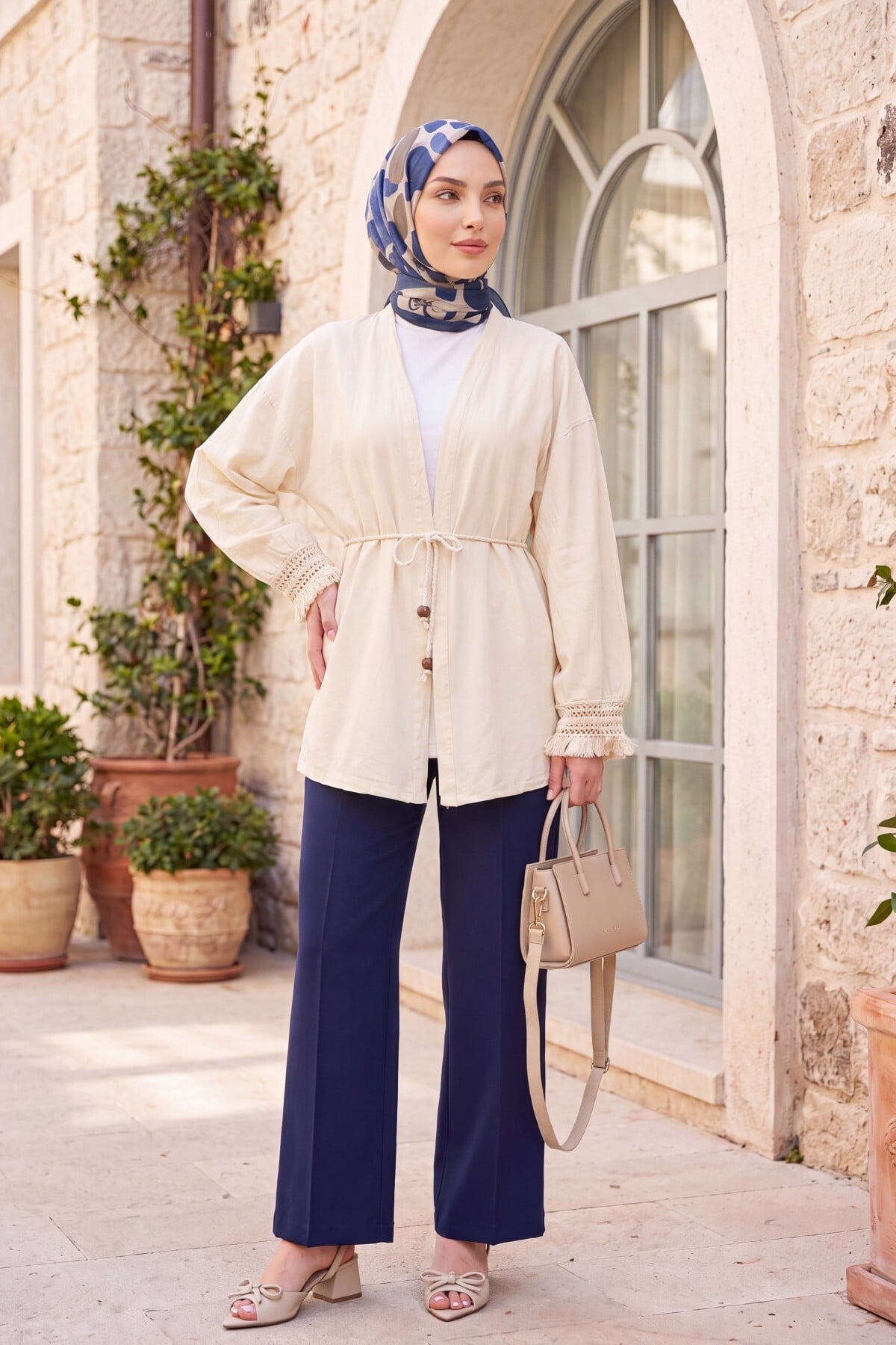 Cream Belted Kimono Cardigan with Tassel Trim - Podyumplus - by Peralane - photo 7