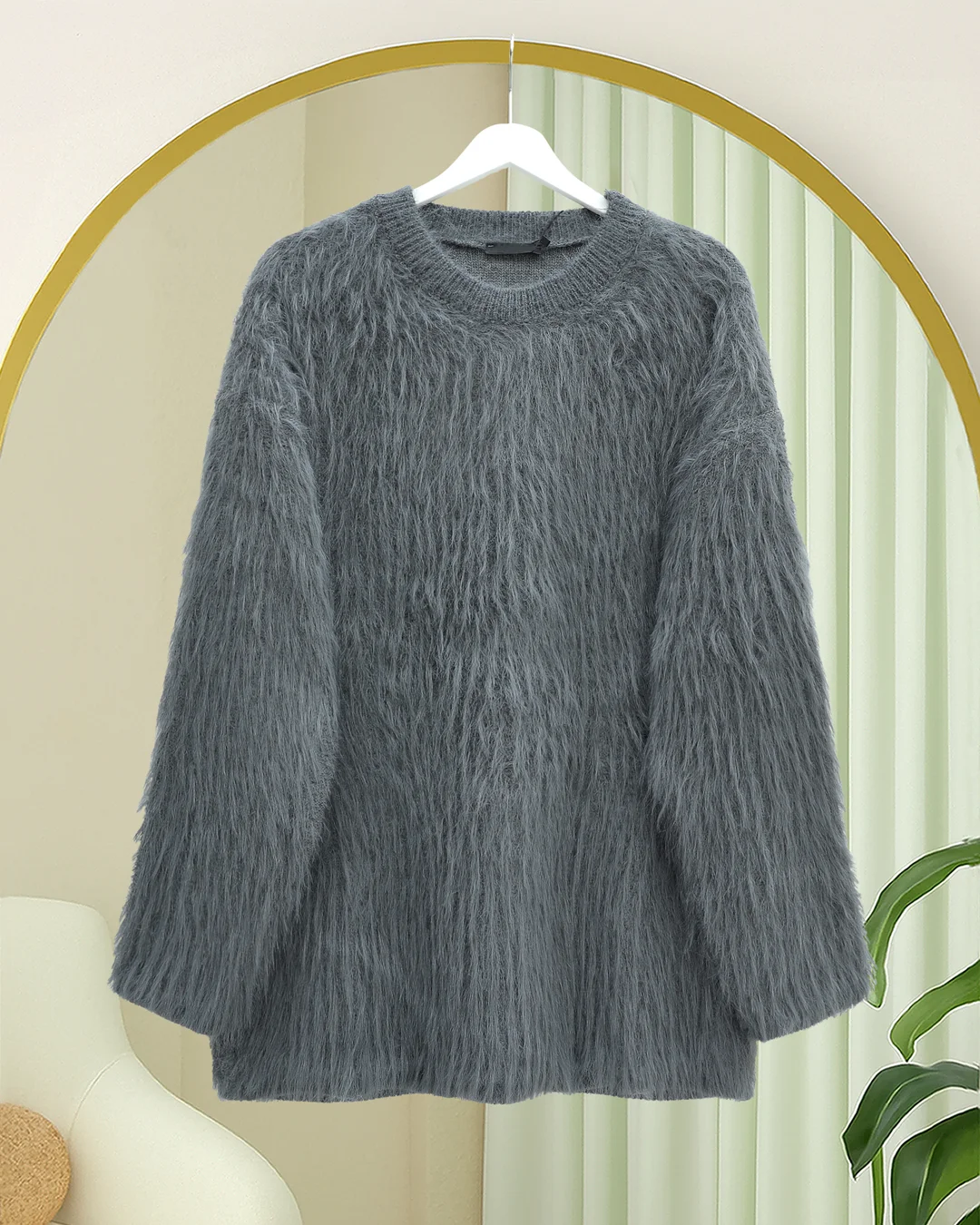Round Neck Fuzzy Knit Tunic Sweater - Smoke - Podyumplus - by Peralane - photo 3